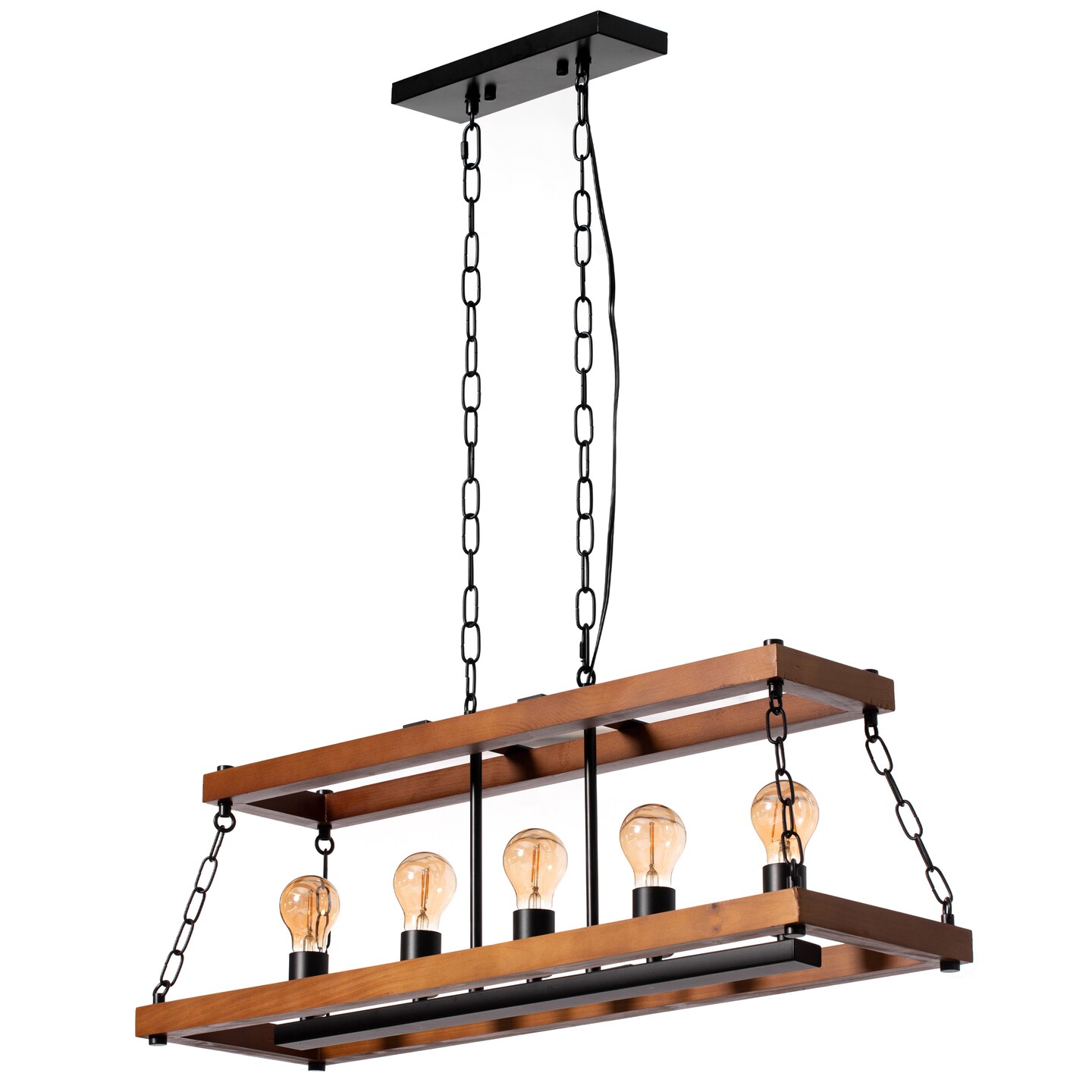 Vintage Industrial Style Wooden Rectangle 5 Bulb Ceiling Hanging Light Fixture, Brown Decorative Chandelier