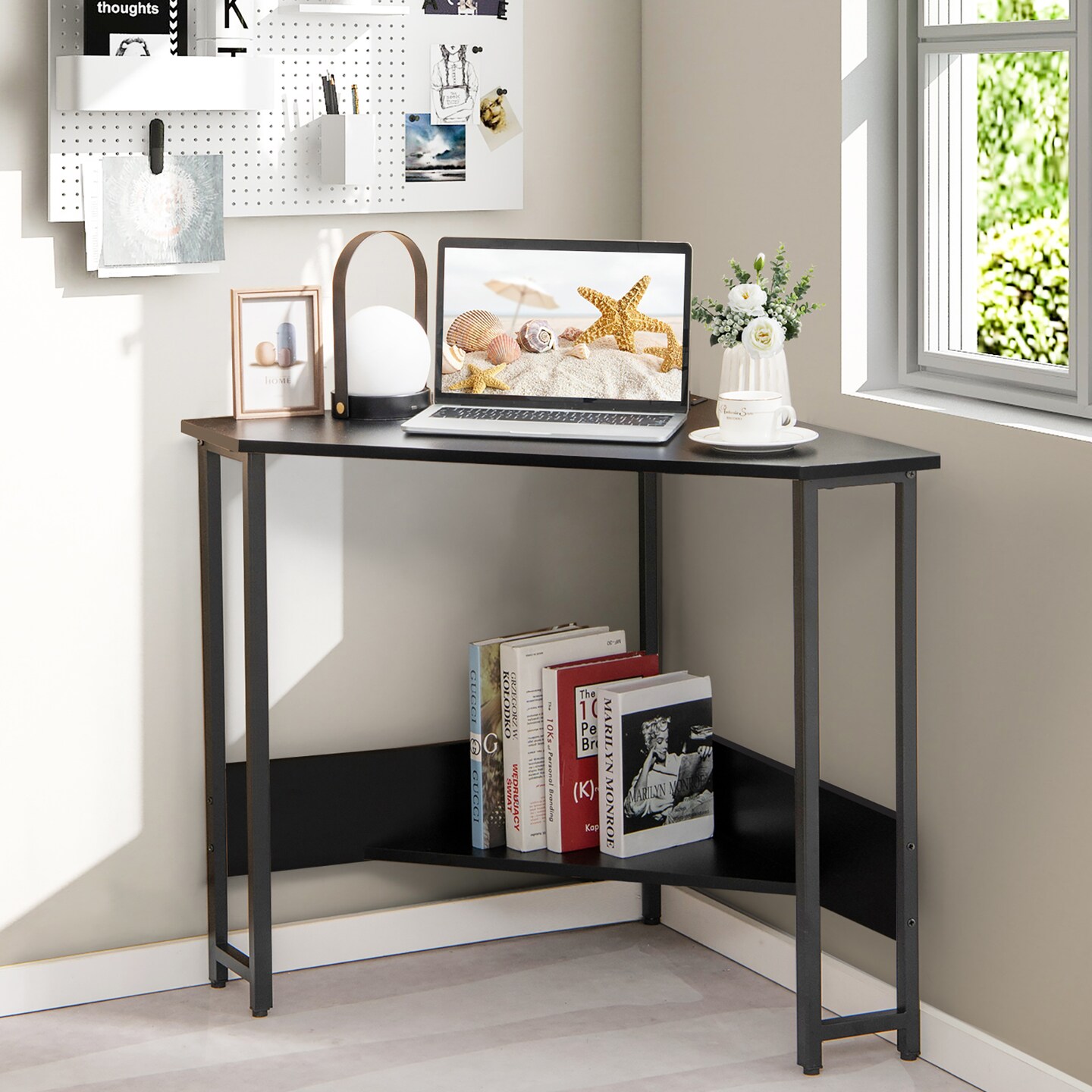 Costway Triangle Computer Desk Corner Desk Home Office with Power Outlets USB Ports Black/Rustic