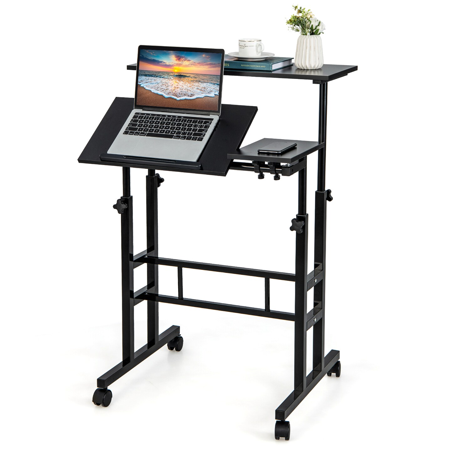 Costway Mobile Stand up Computer Desk Rolling Standing Laptop Cart with 2 Tilting Desktops Sitting Standing Modes Height Adjustable Home Office Black