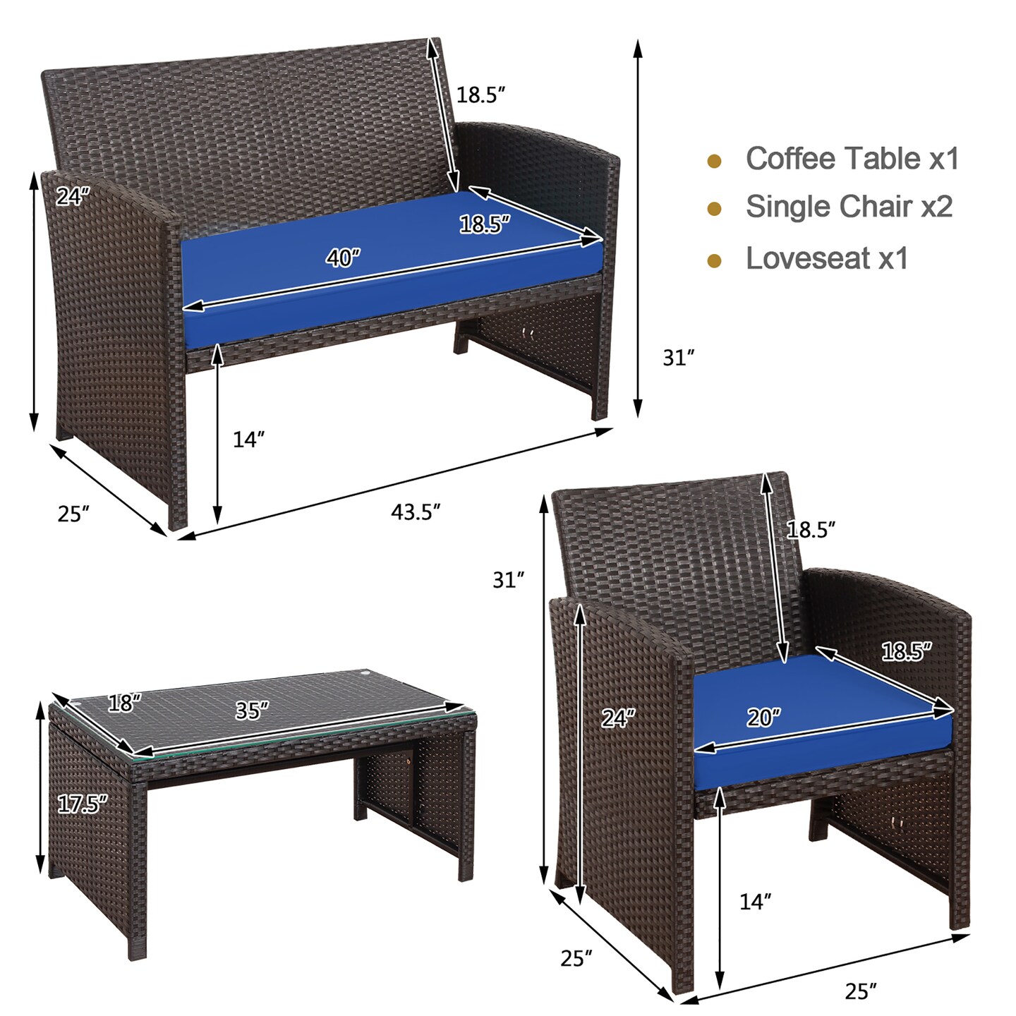 Costway 4PCS Patio Rattan Furniture Set Cushioned Chair Sofa Coffee Table White/Navy/Turquoise/Red