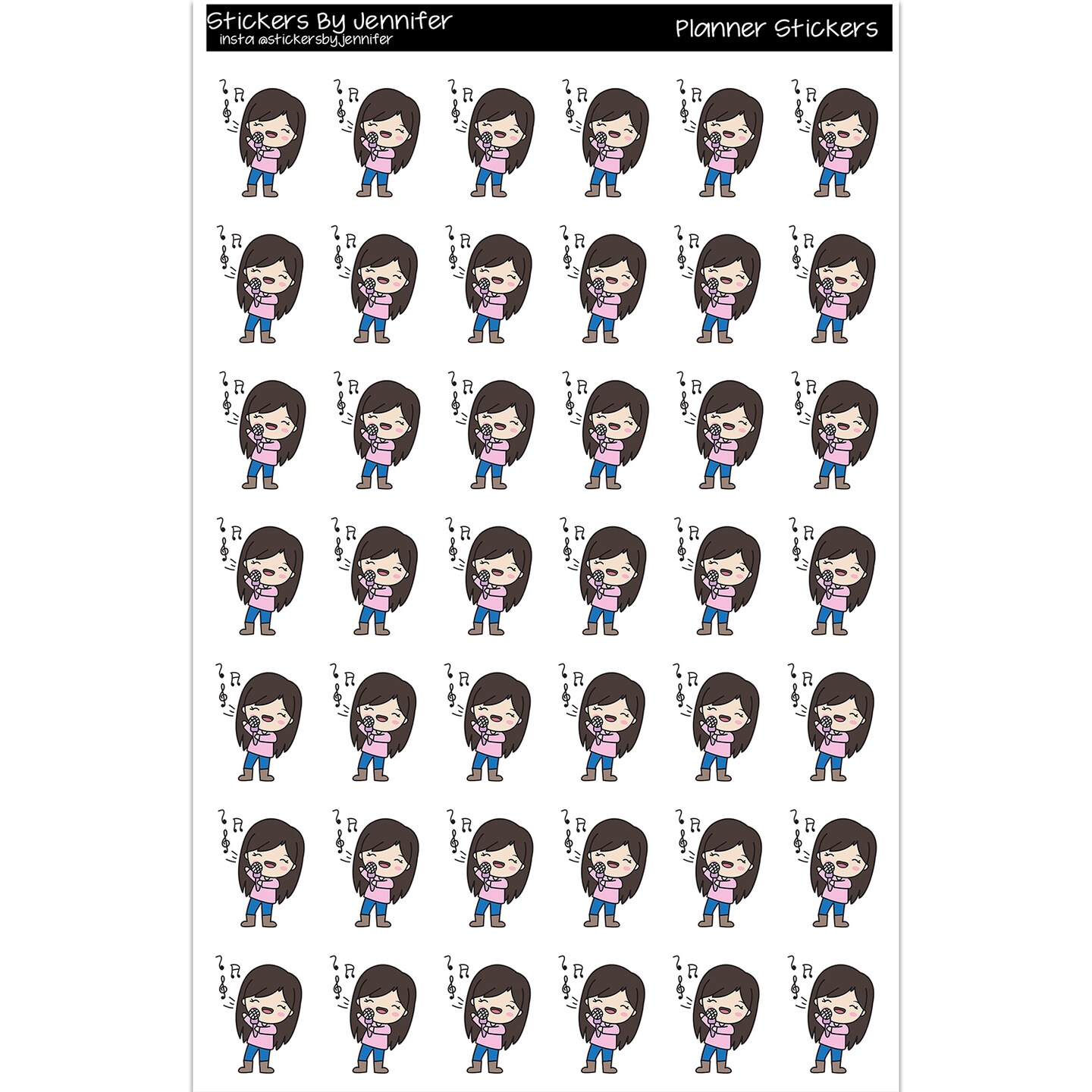 Dark Haired Chibi Girl Singing Planner Stickers