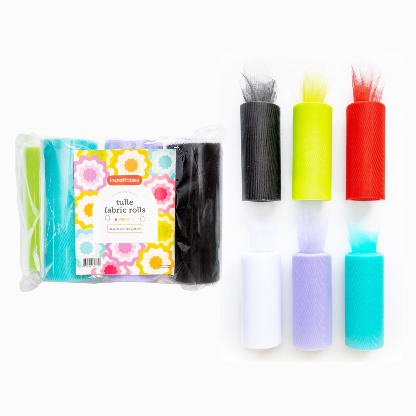 Incraftables Tulle Fabric 6 Rolls (25 Yards per Roll). Best Tulle Ribbon for Gift Wrapping, Wedding Decor, Party Decorations & Crafts (Rainbow Colors - Red, Black, White, Purple, Green & Aqua Blue)