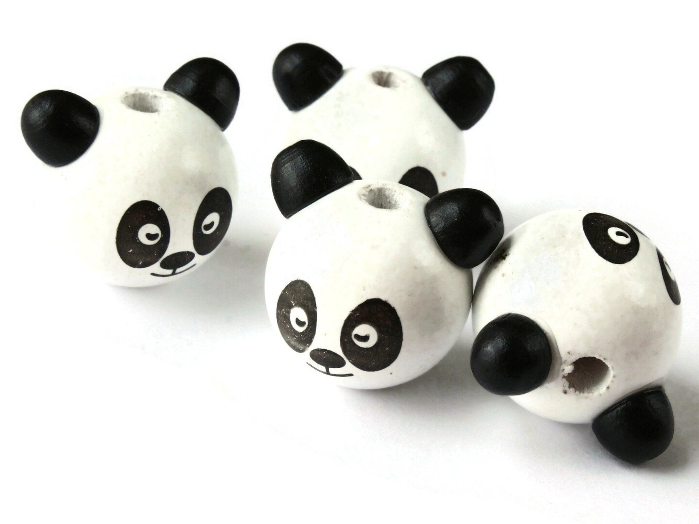 4 26mm Round Wood Black and White Panda Bear Head Beads