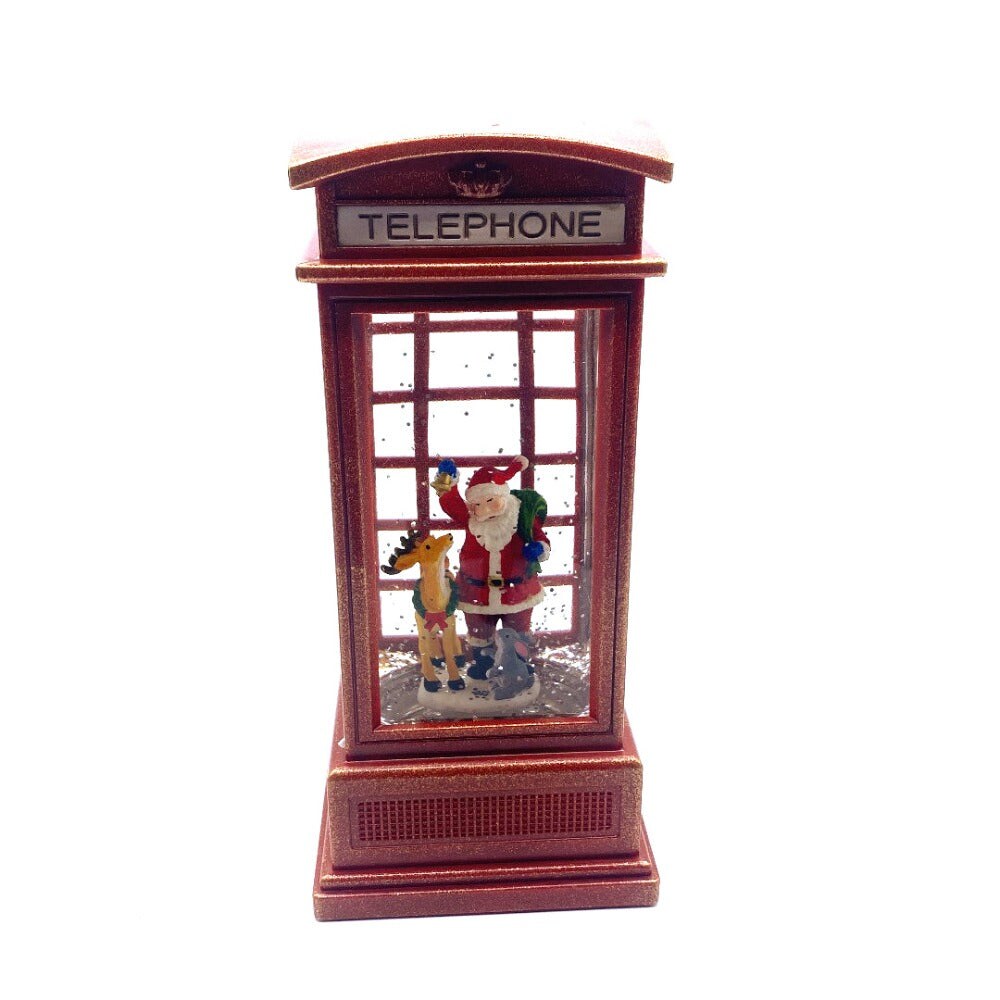 7&#x22; Red Telephone Booth Water Snow Globe with Santa and Reindeer Inside | Christmas Decor