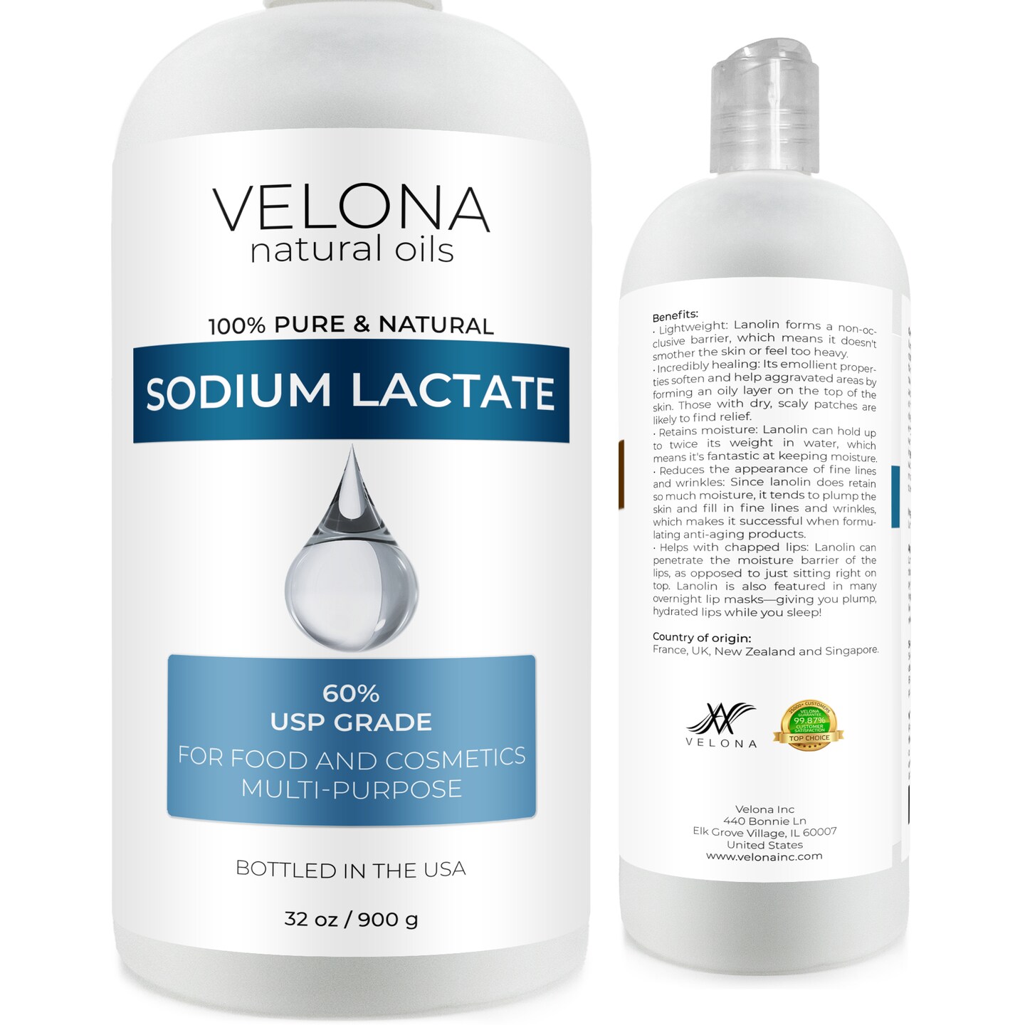 Velona Sodium Lactate 60% - 32 oz | USP Grade Natural Preservative | For Soap Making &#x26; Lotions | Harder Bar of Soap, pH Regulator, Glycerin substitute, Provides and Keep Moisture