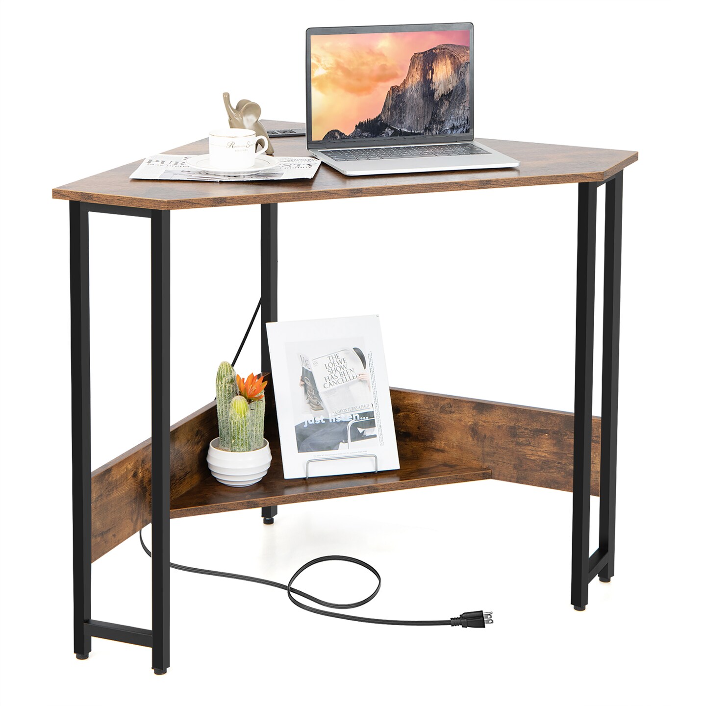 Costway Triangle Computer Desk Corner Desk Home Office with Power Outlets USB Ports Black/Rustic