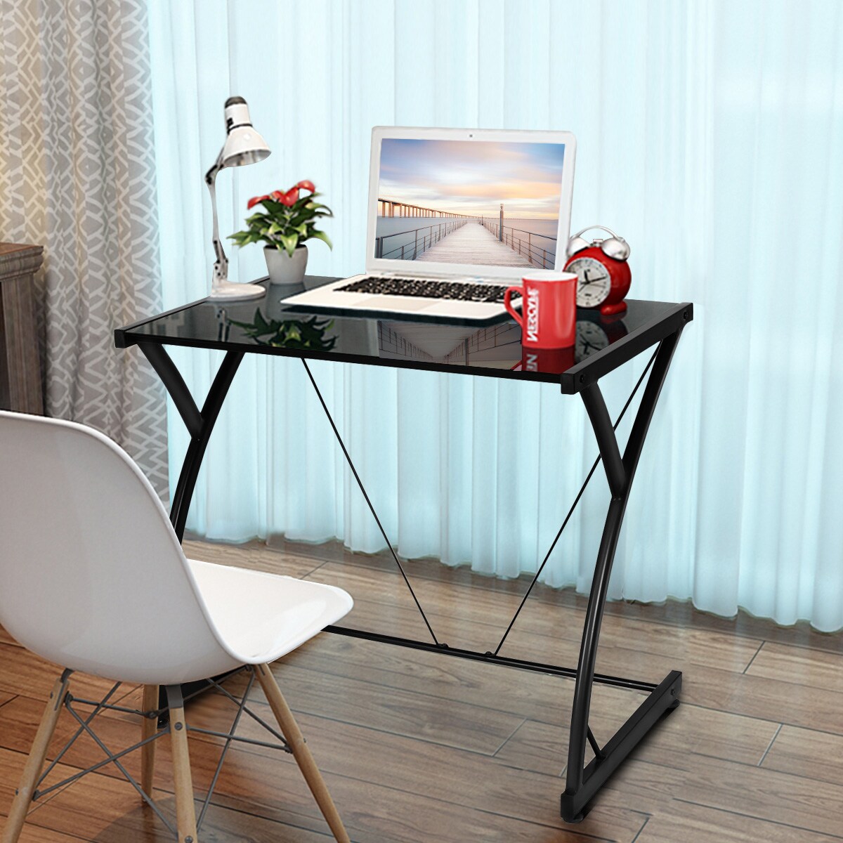 Glass Top Computer Desk Laptop Writing Study Workstation Z-Shaped Metal Frame