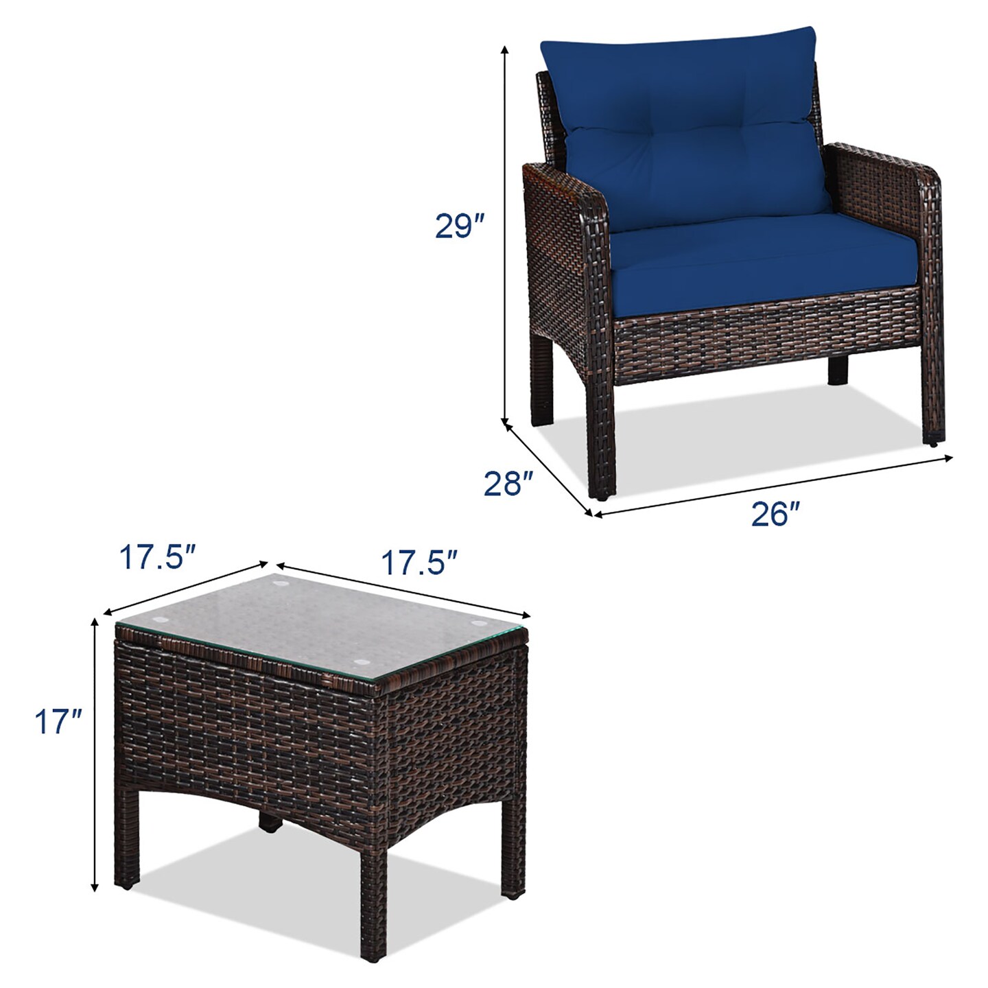 Costway 3PCS Outdoor Rattan Conversation Set Patio Garden Cushioned Sofa Chair