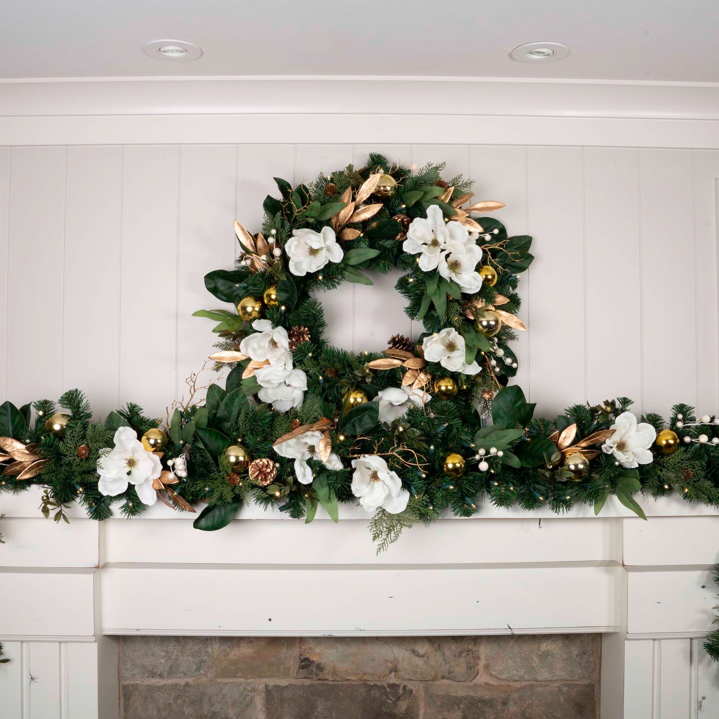 9 ft. Artificial Christmas Garland with Lights - White Gold Magnolia