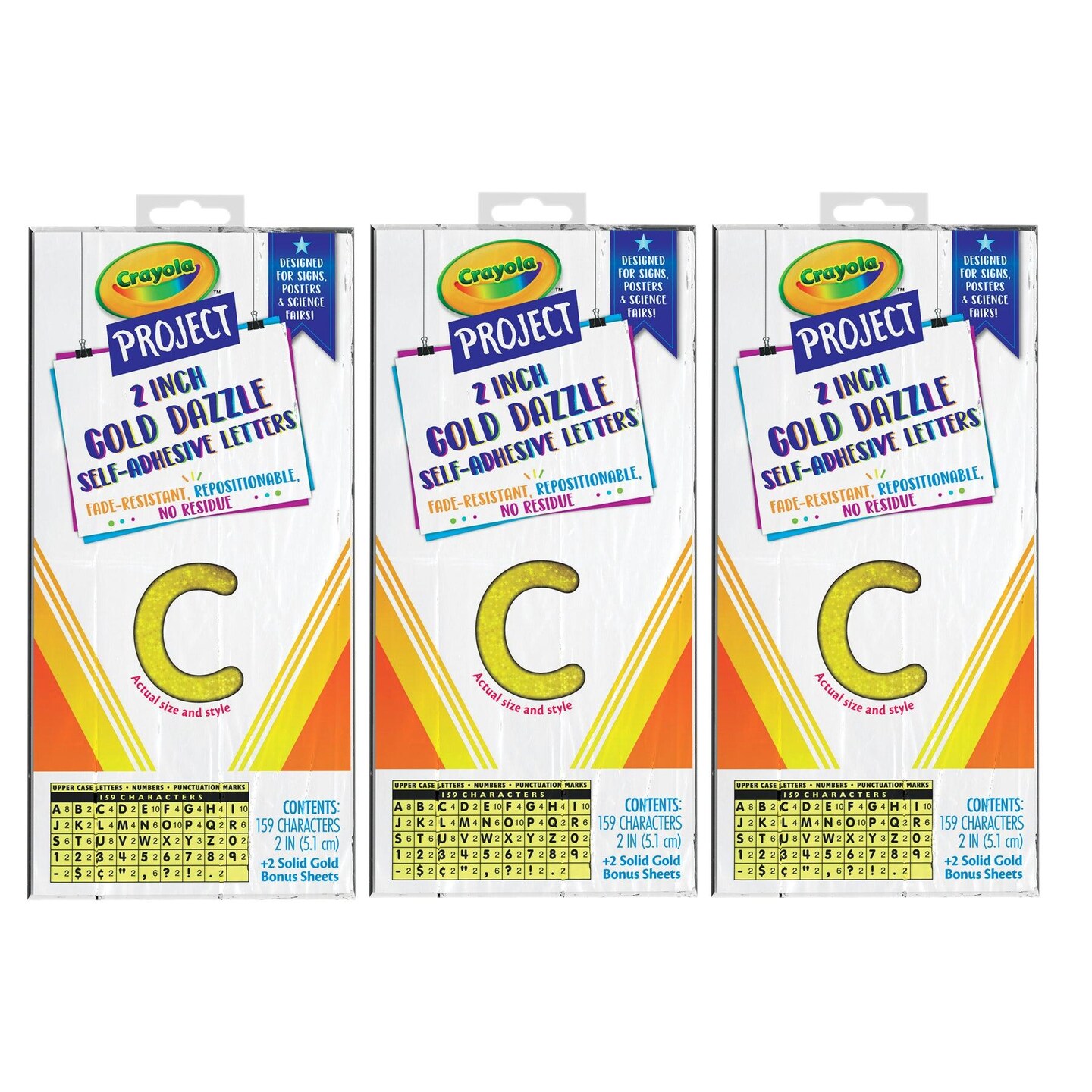Self-Adhesive Letters, Gold Dazzle, 2&#x22;, 159 Characters Per Pack, 3 Packs