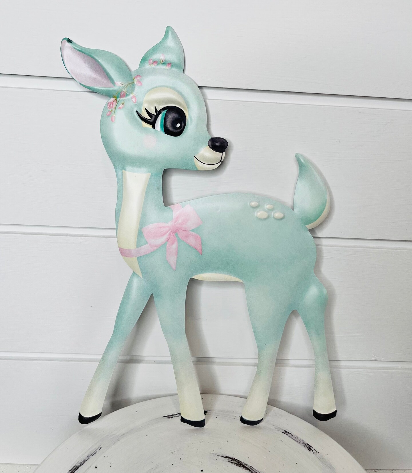 Enchanting 9.5&#x22;Lx13&#x22;H Embossed Metal Christmas Bambi Deer Sign in Mint Green-MD079650