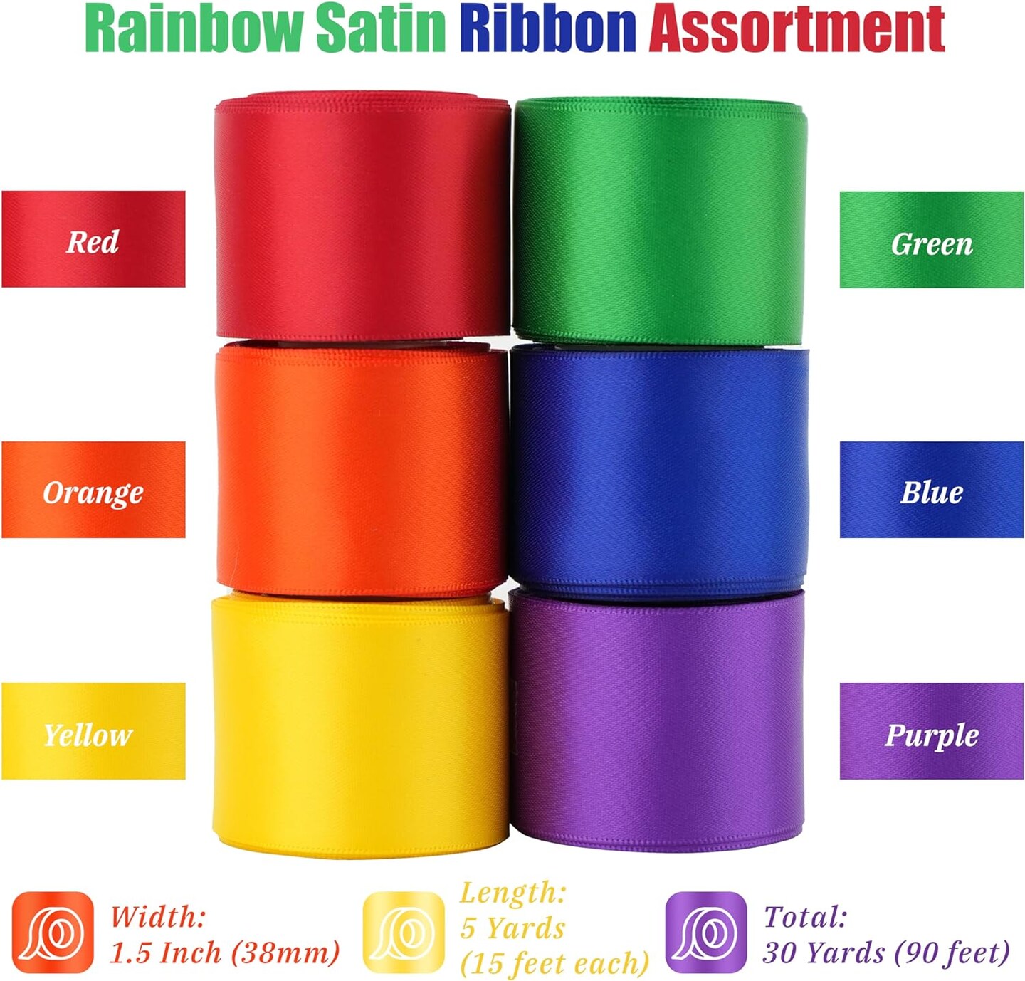 Satin Ribbon 6 Rolls Rainbow Ribbon for Garland Multicolour Ribbon 30 Yards