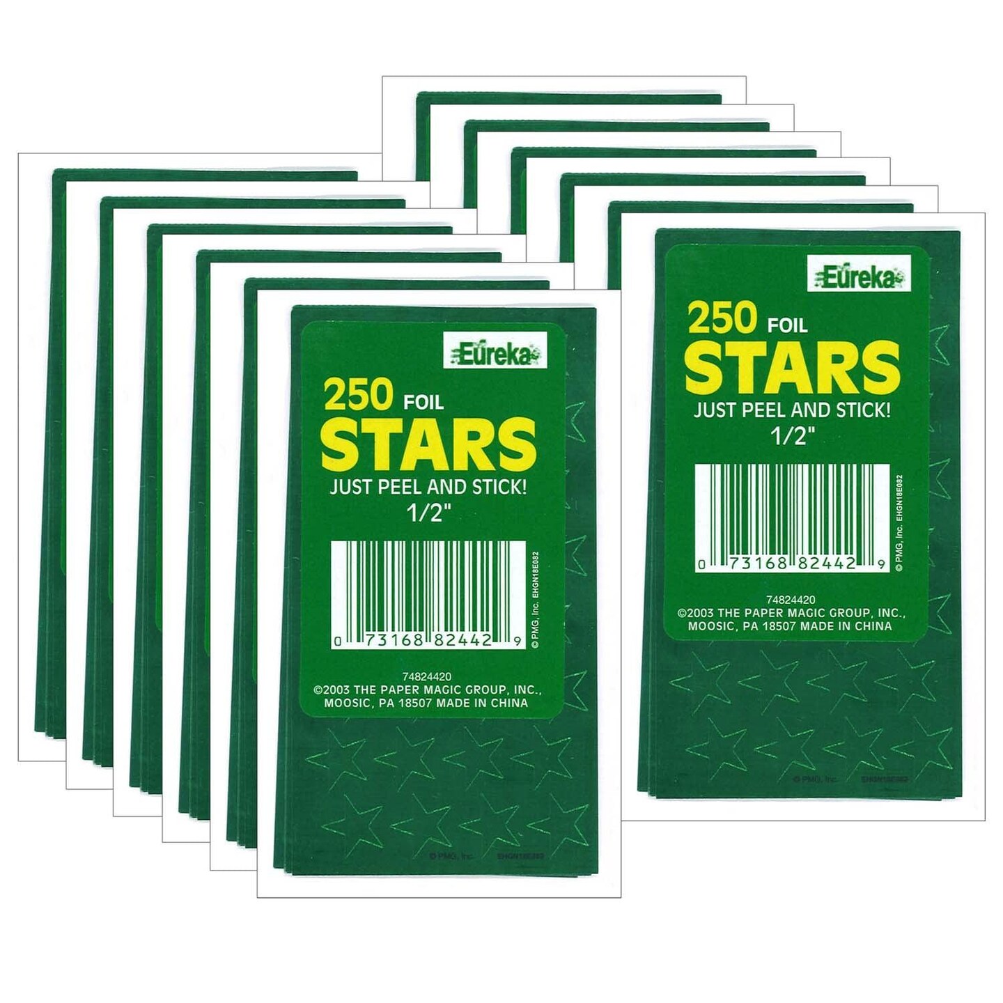 Presto-Stick Foil Star Stickers, 1/2", Green, 250 Per Pack, 12 Packs