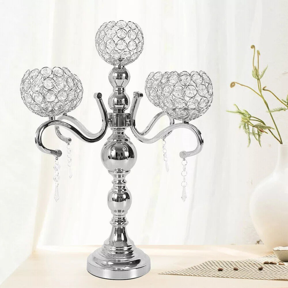5-Arm Elegant Silver Crystal Candelabra Holders Wedding Table Centerpieces