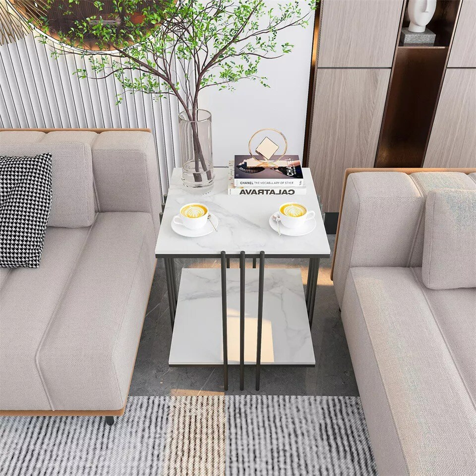 Modern Glam Marble Square Accent Side Table 2-Tier Coffee Table w/ Storage Shelf