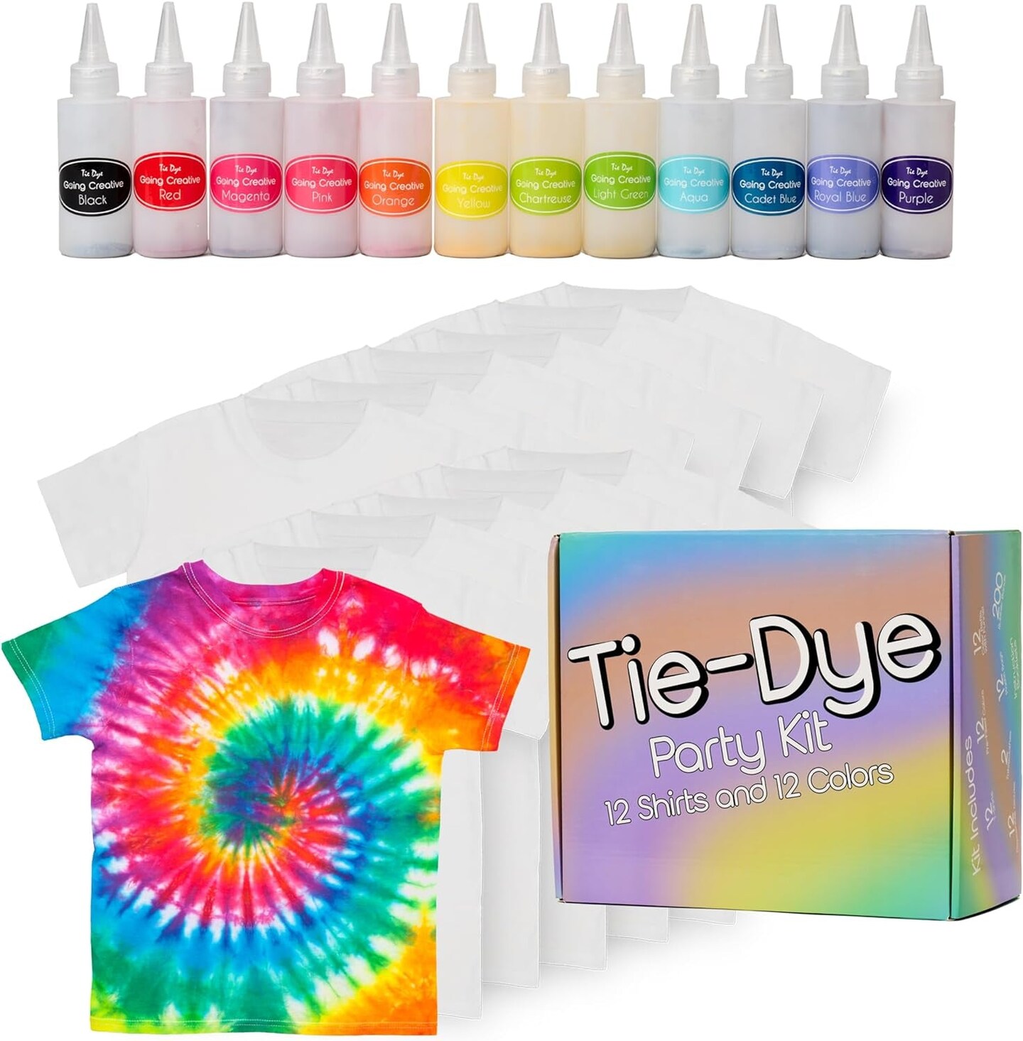 All-In-One Children&#x2019;S Tie Dye Kit - Tie Dye Party Pack W/ 12 Kids Shirts, 12 Colors in Pre-Filled Bottles, 12 Refills, Gloves, Bands &#x26; More - Top Arts and Crafts for Kids 4 &#x26; Up