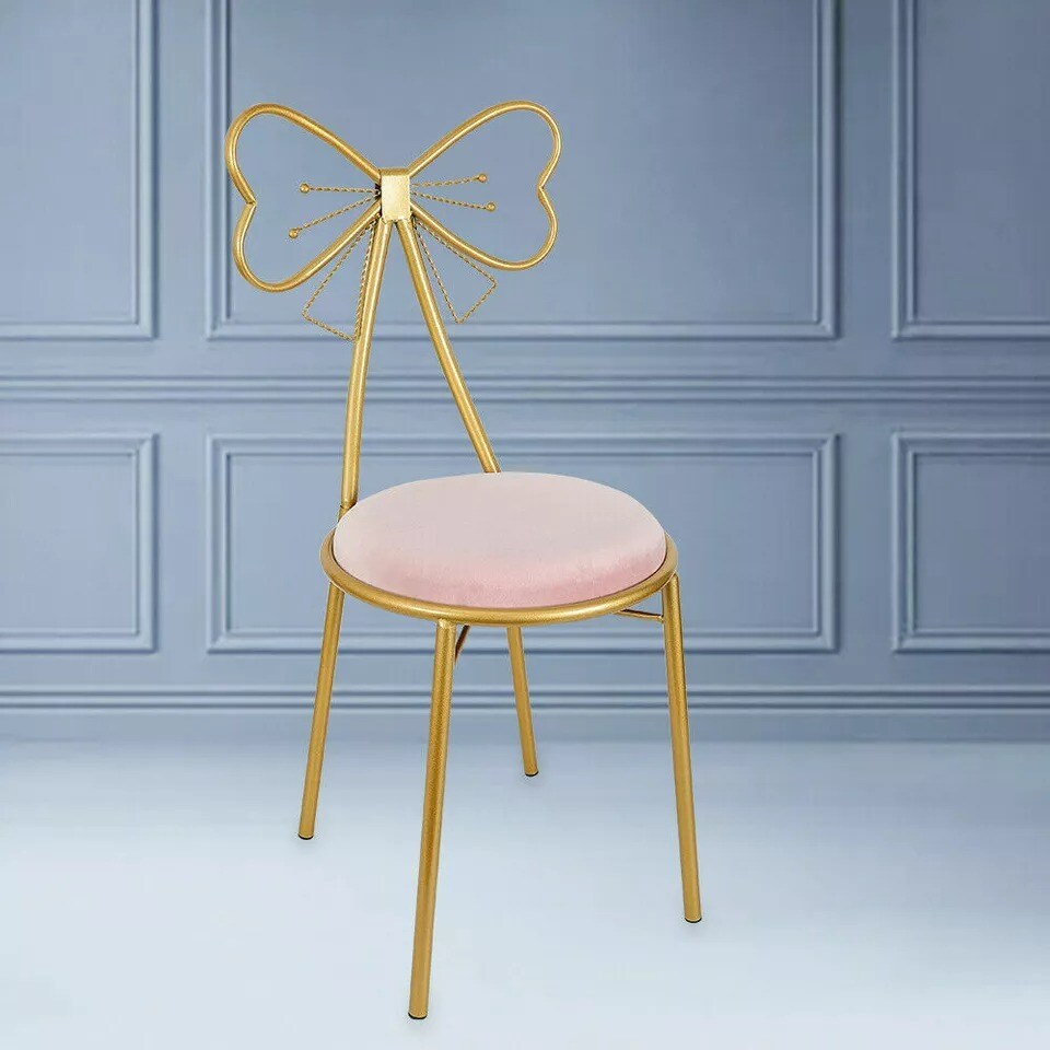 Butterfly Bow-Knot Vanity Chair Pink Velvet Gold Barstool Chair Makeup Leisure
