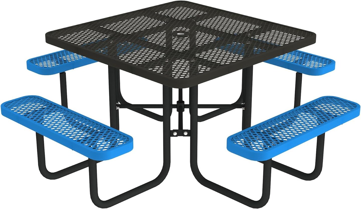 Open Air Series 46&#x22; round Picnic Table with Benches and Umbrella Hole, Commercial-Grade Steel Portable Outdoor Picnic Table, Blue