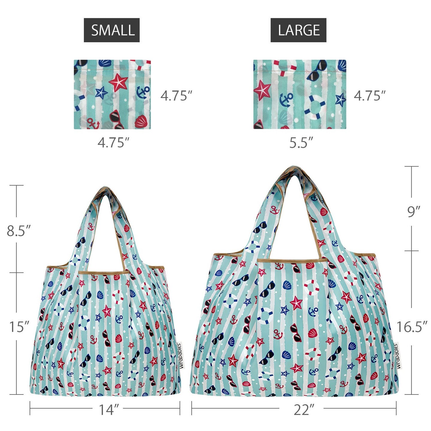 Wrapables Large &#x26; Small Foldable Tote Nylon Reusable Grocery Bags, Set of 2, Ocean Fun
