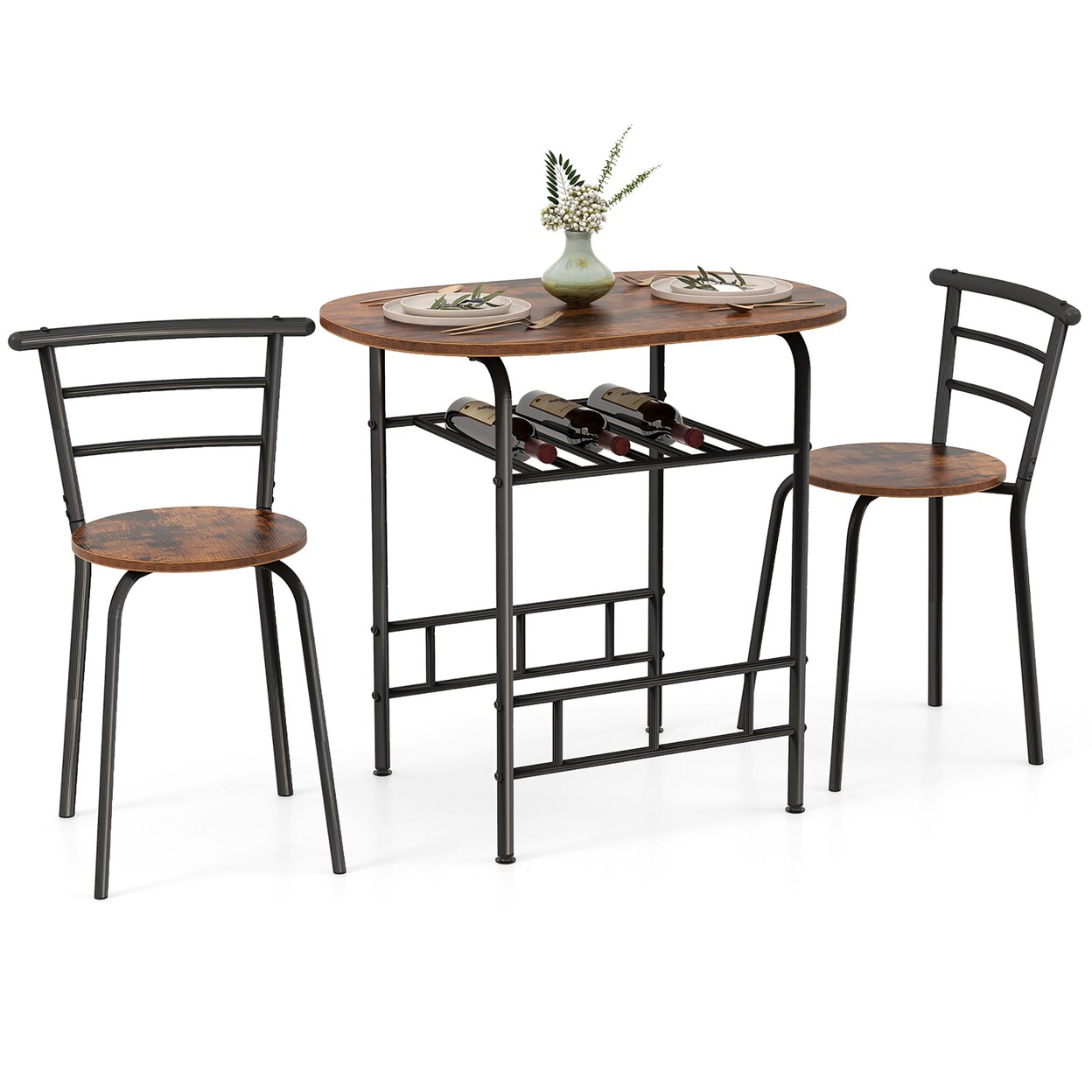 3 Pcs Wooden Round Table And Chairs Set Dining Table Set With Rustproof Steel