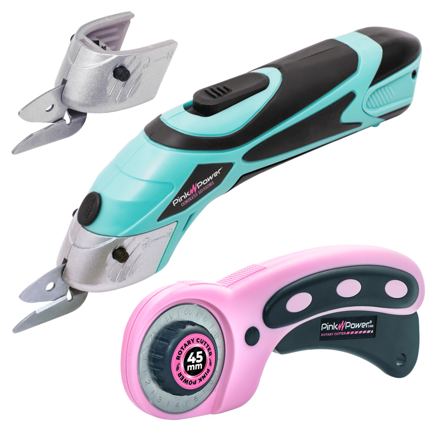 Pink Power 4V Aqua Splash Cordless Electric Rechargeable Fabric Scissors w/ Pink Rotary Cutter