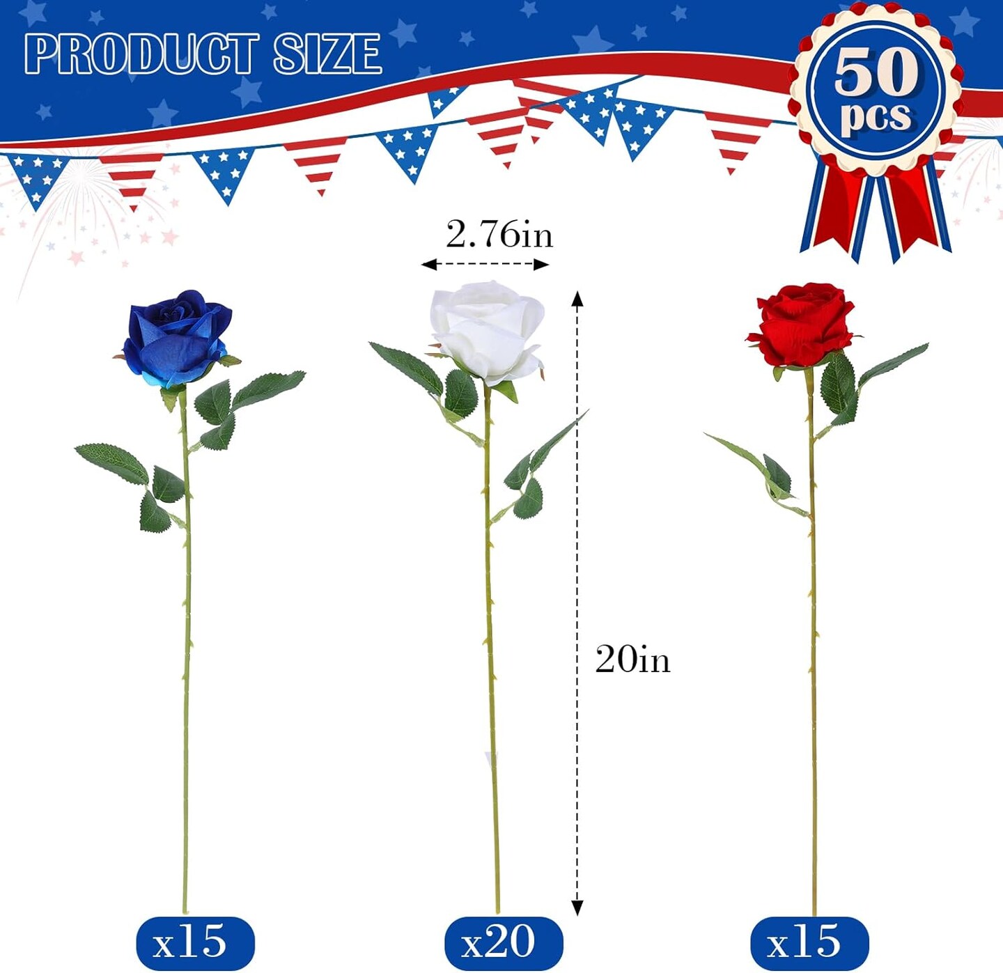 Patriotic 4th of July Artificial Roses in Red, White, Blue