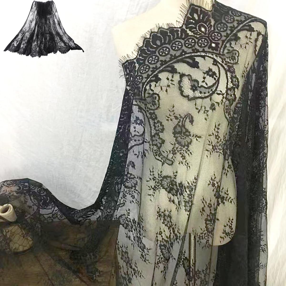 Black Lace Fabric Embroidery by The Yard Black Dress Ribbon Trim Fabric Ribbon Curtain Accessory Sewing Craft 150 X 150 cm