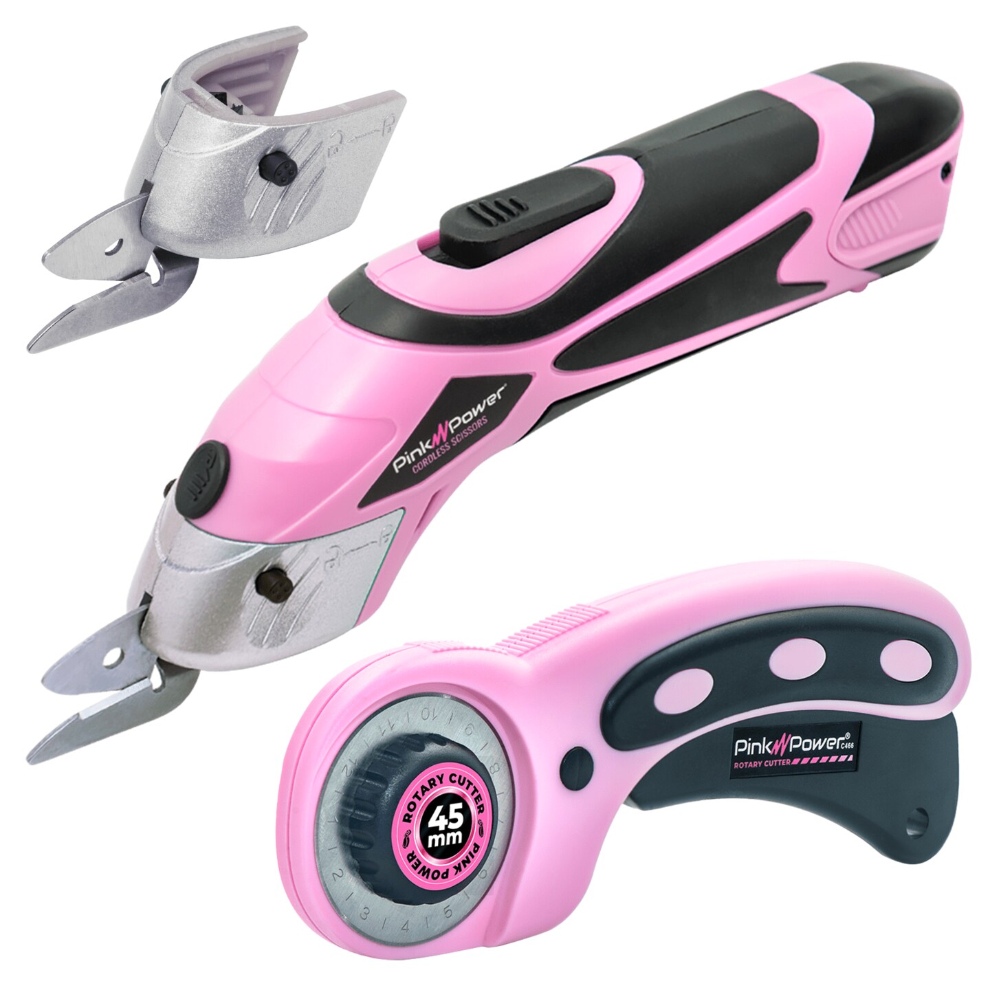 Pink Power 4V Pink Cordless Electric Rechargeable Fabric Scissors w/ Rotary Cutter