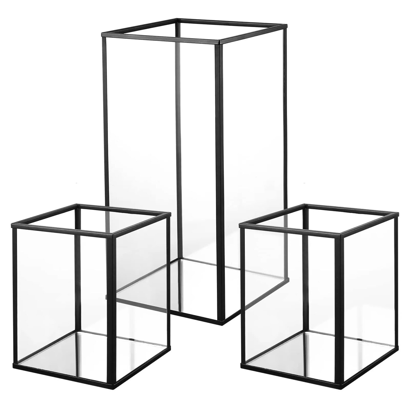 Small Hurricane Candle Holder Set of 3 Pieces, Black Glass Candle Holder