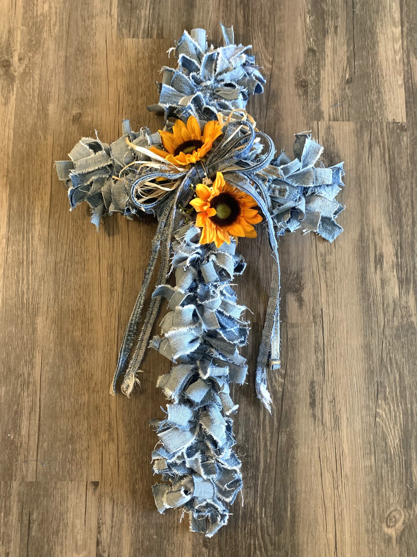 Cross Wreath, Easter Wreath, Blue Jean, Denim Cross, Sunflowers