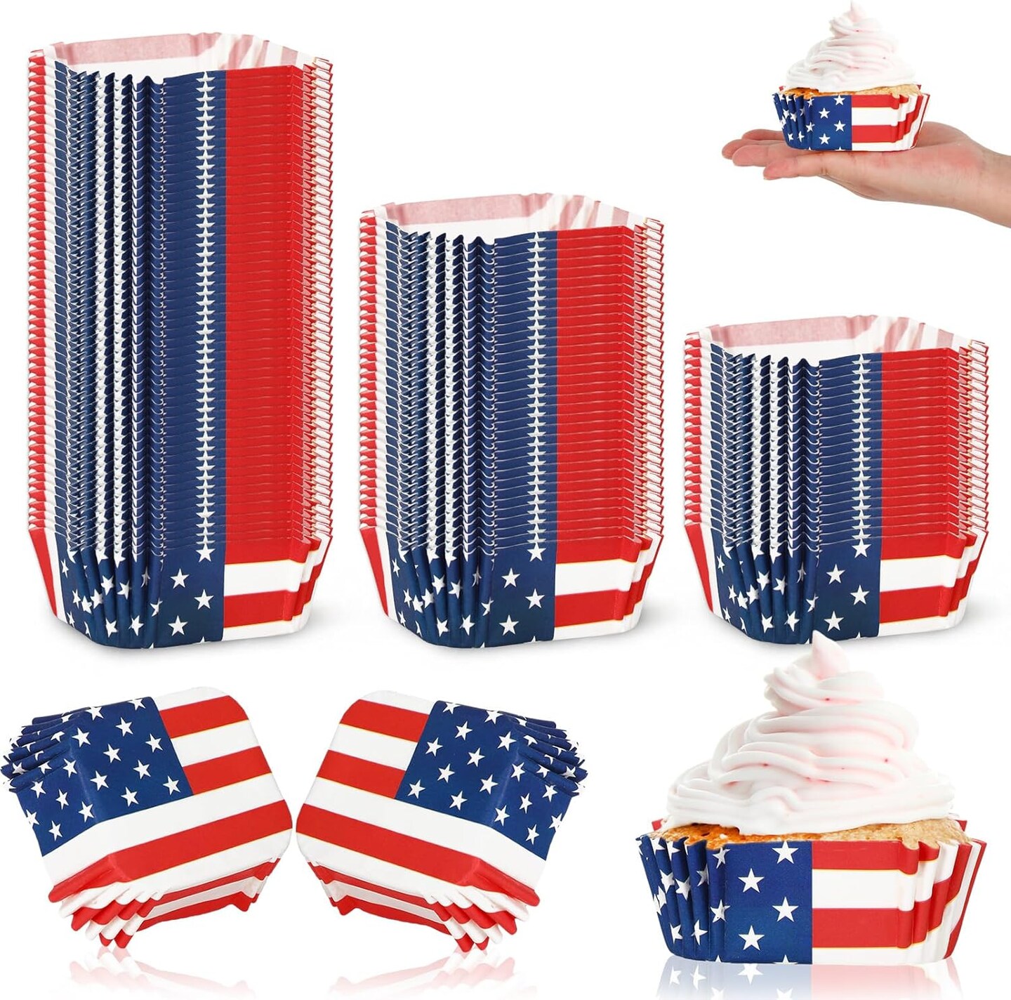 600 Pcs Patriotic Square Cupcake Liners Cupcake wrappers with red, white, and blue stars for July 4th.