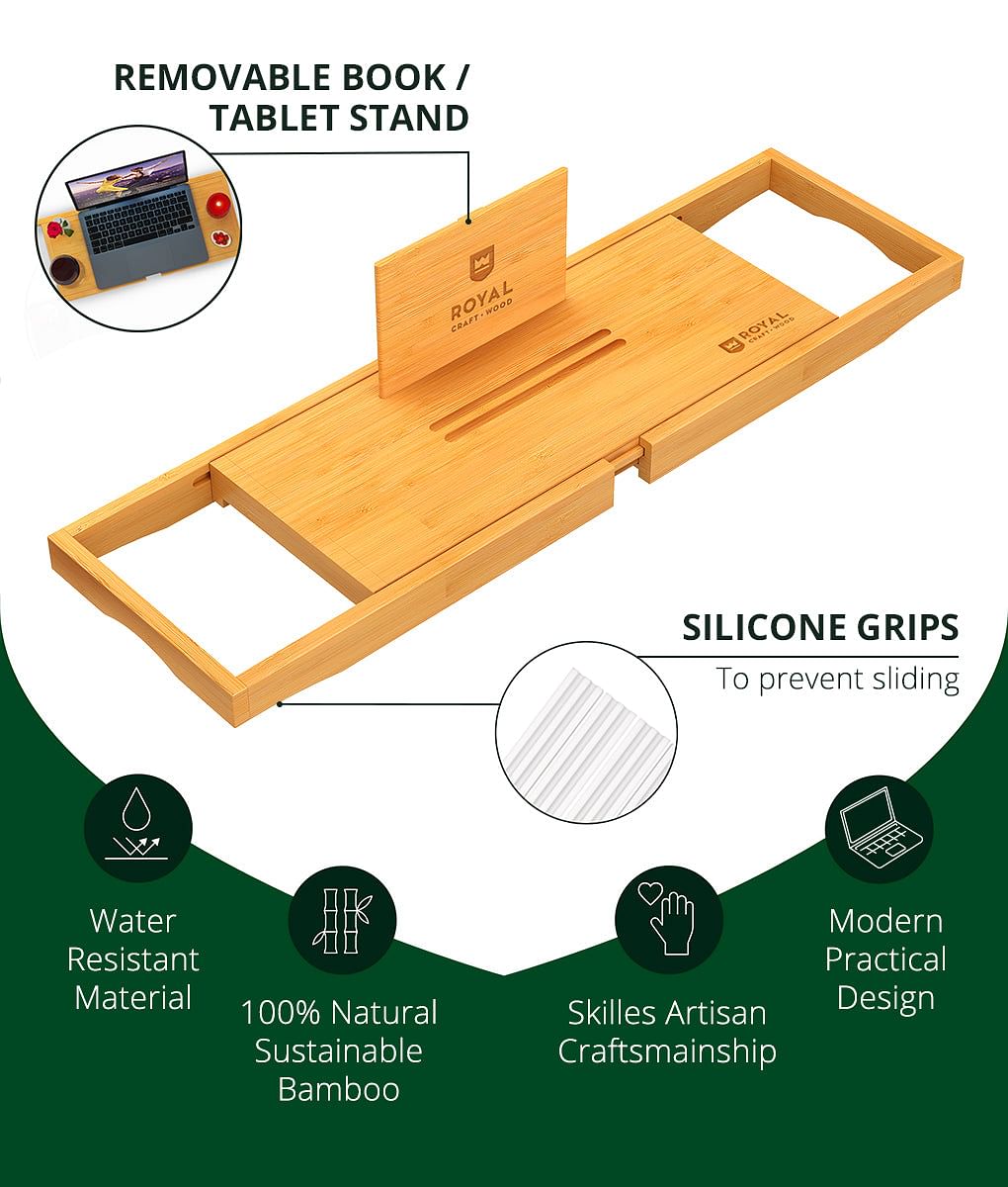 Bamboo Bathtub Caddy Tray Lite, Natural Bath Caddy for Bathtub - Royal Craft Wood