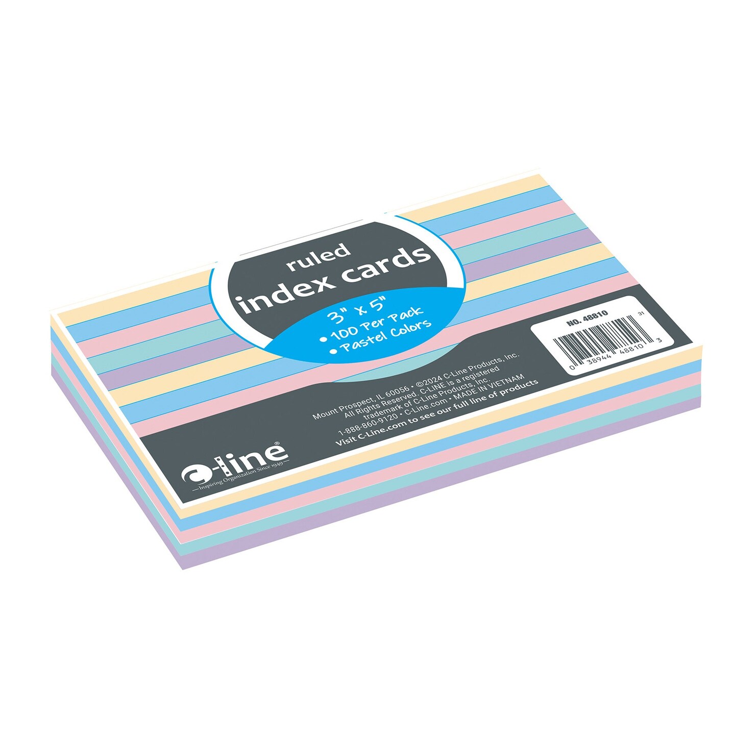 Index Cards, 3&#x22; x 5&#x22;, Assorted Colors, Ruled, 100 Per Pack, 10 Packs