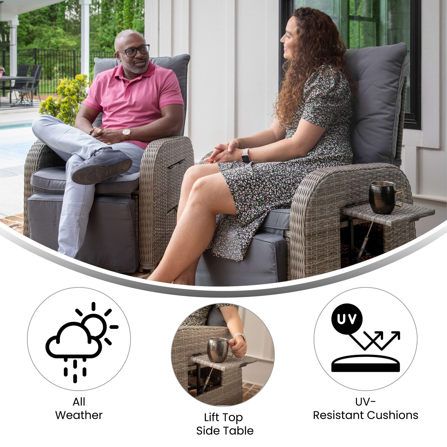 Merrick Lane Selci Set of 2 Modern Style Patio Wicker Rattan Indoor/Outdoor Recliner Lounge Chairs with Side Tables and Adjustable Backs