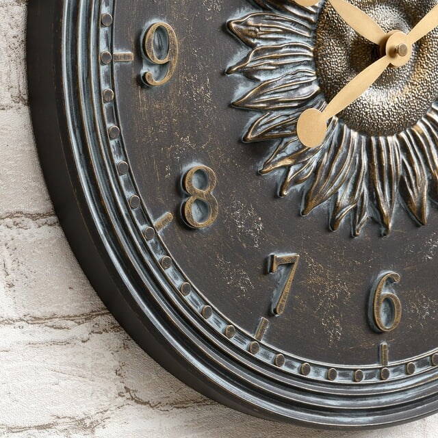 FirsTime &#x26; Co. Verdigris Calisto Sunflower Outdoor Wall Clock And Thermometer 2-Piece Set, Rustic, Analog, 16 x 1.12 x 16 in