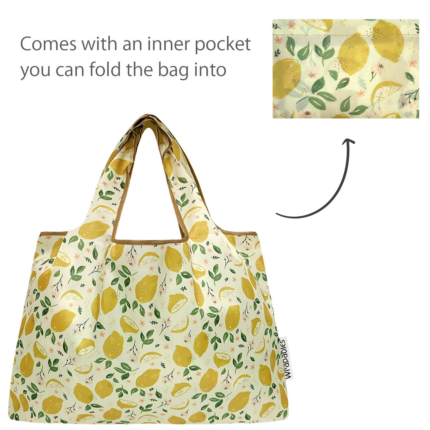 Wrapables Large Foldable Tote Nylon Reusable Grocery Bags, Lemons