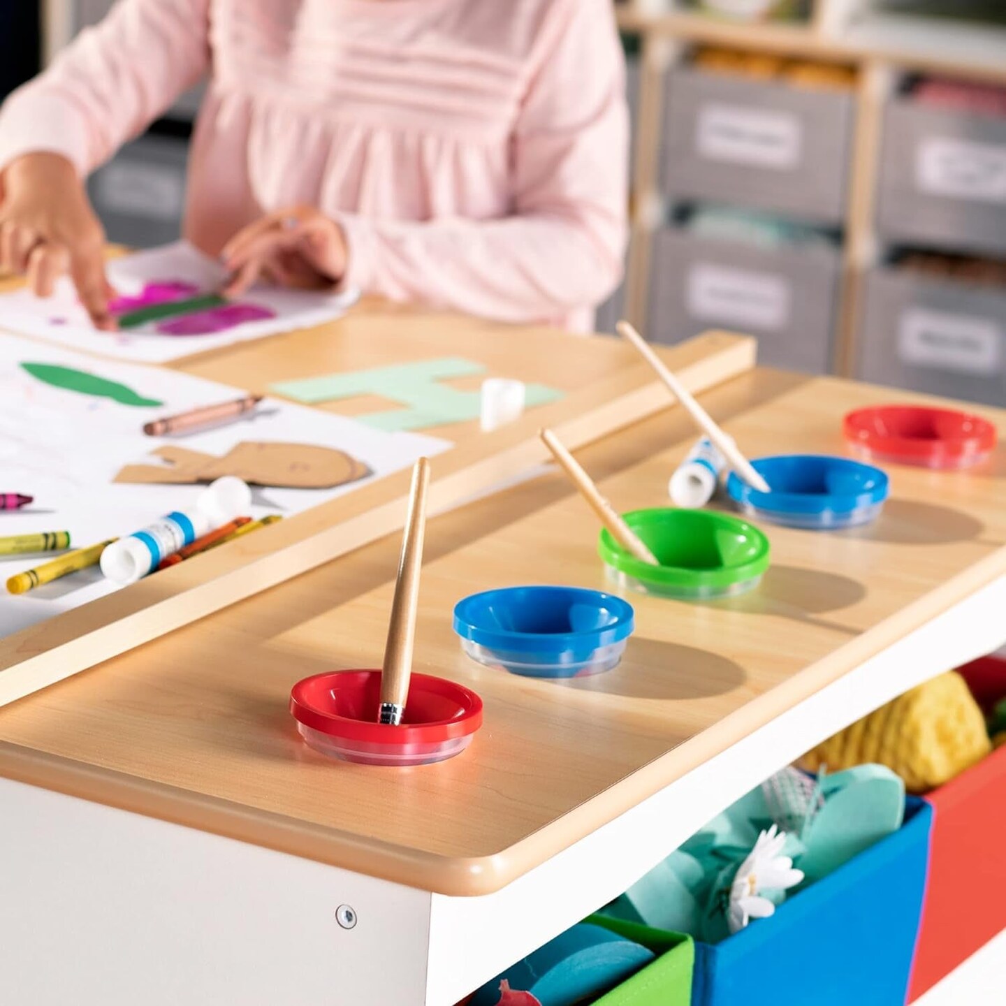 Arts and Crafts Center: Kids Activity Table and Drawing Desk with Stools, Storage Canvas Bins, Paper Roller, and Paint Cups | Toddlers Work Station - Children&#x27;S Wooden Learning Furniture