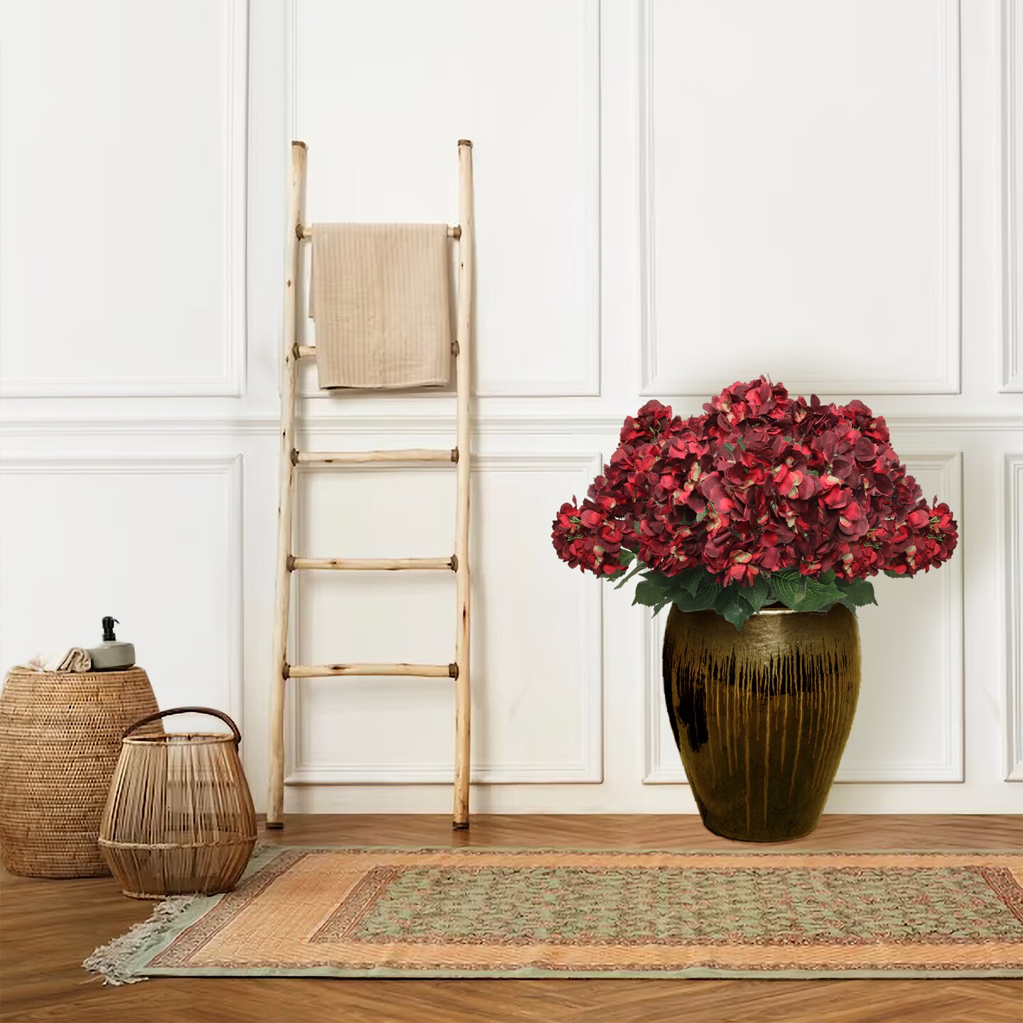 21" Burgundy Hydrangea Bush 5 Silk Heads Faux Floral for Indoor/Outdoor Home & Event Decor