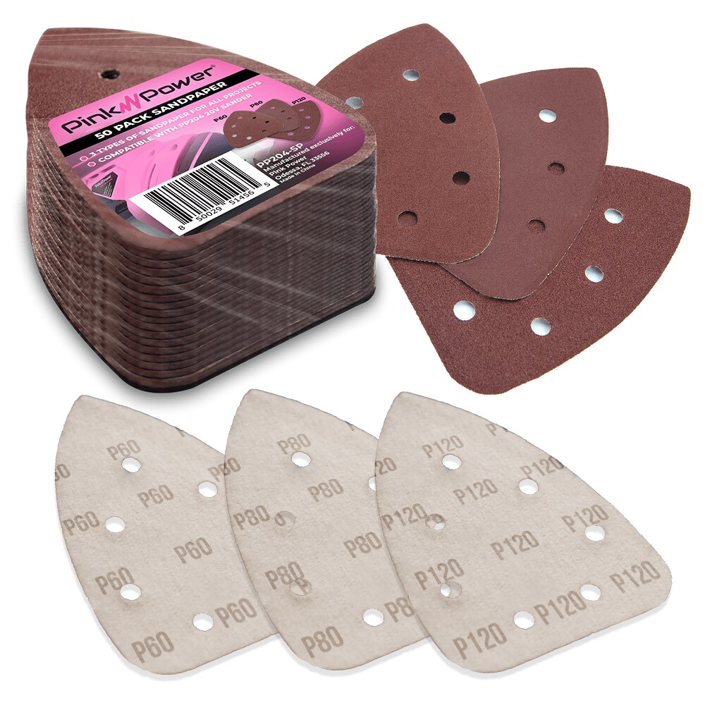 Pink Power 50pcs. Sandpaper for 20V PP204 Cordless Electric Hand Sander - P60/P80/P120 Grit