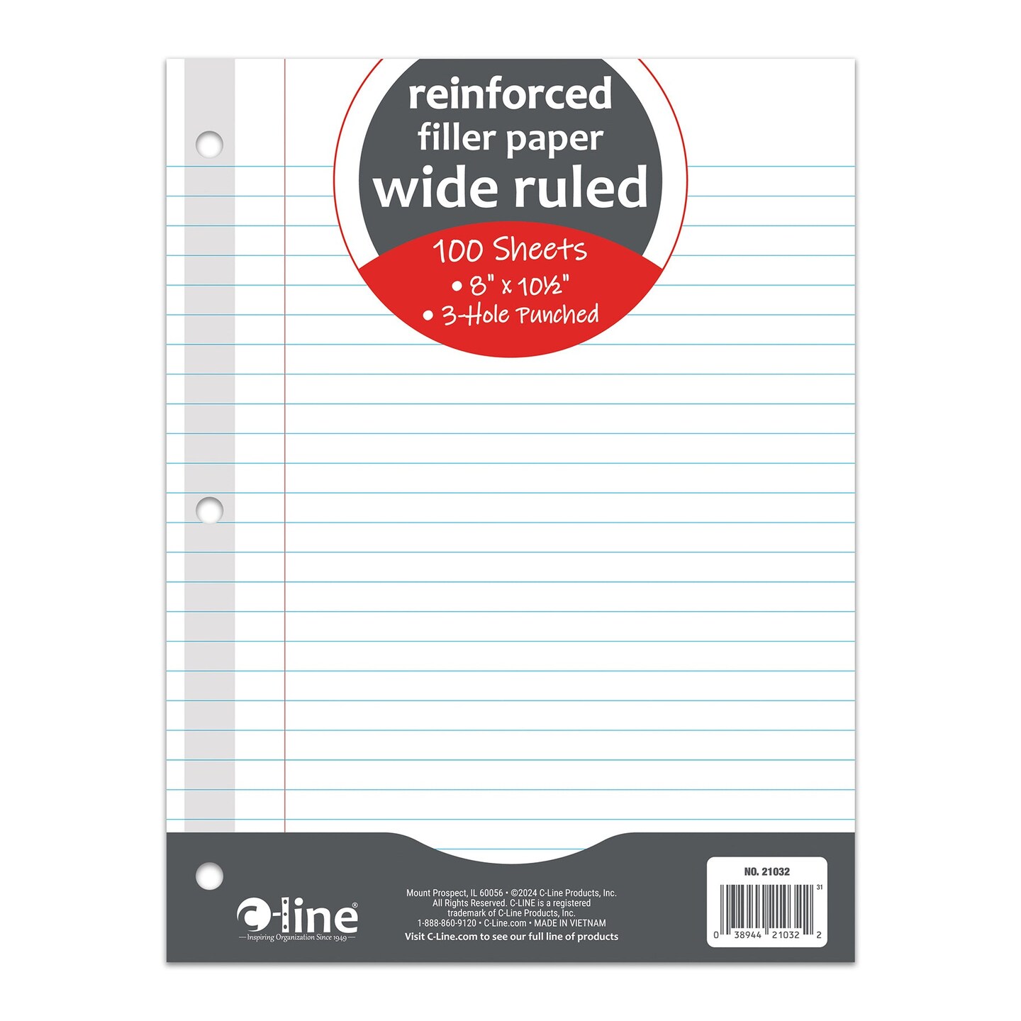 Reinforced 3-Hole Punched, Filler Paper, Wide Rule, 10.5&#x22; x 8&#x22;, 100 Sheets Per Pack, 6 Packs