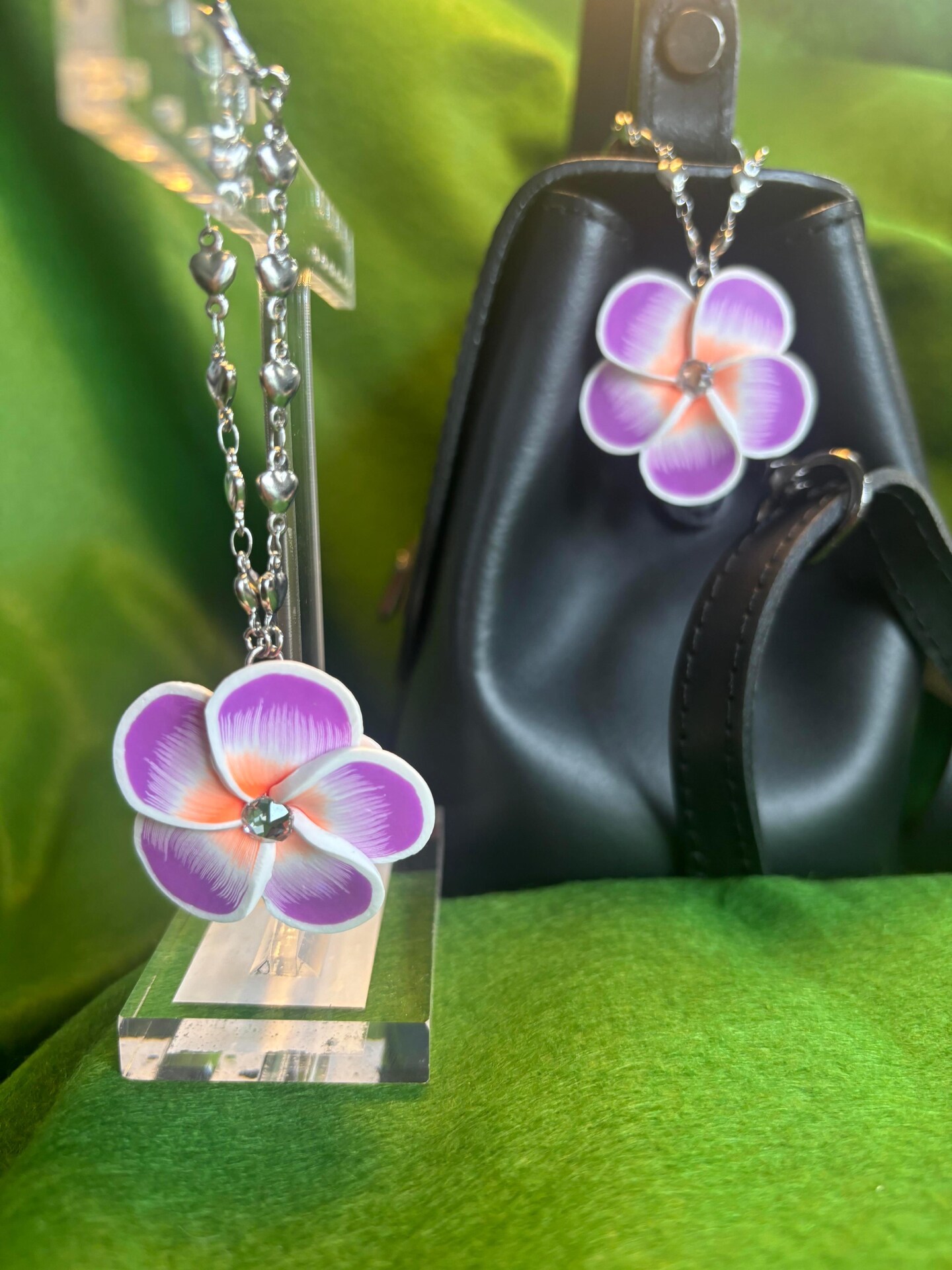 Handbag Charm PURPLE 40-mm Plumeria with Swarovski Crystal on