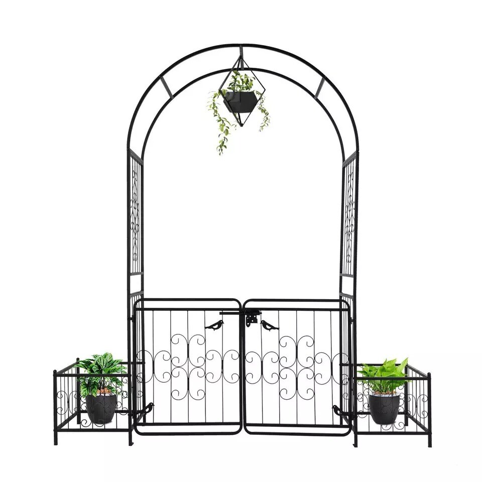 Metal Garden Arch with Planter Boxes Gate Wedding Arch Climbing Plants Black
