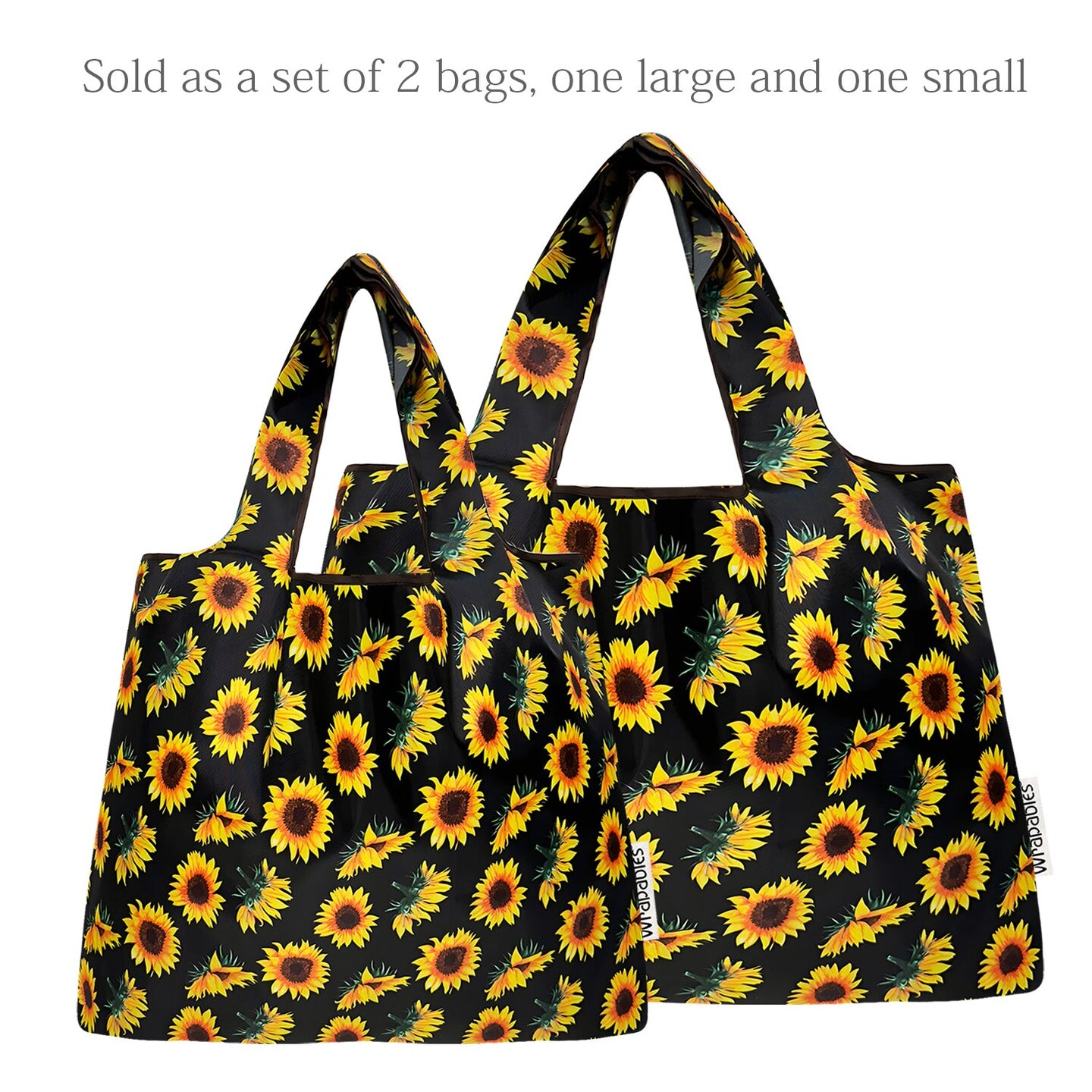 Wrapables Large & Small Foldable Tote Nylon Reusable Grocery Bags, Set of 2, Sunflowers