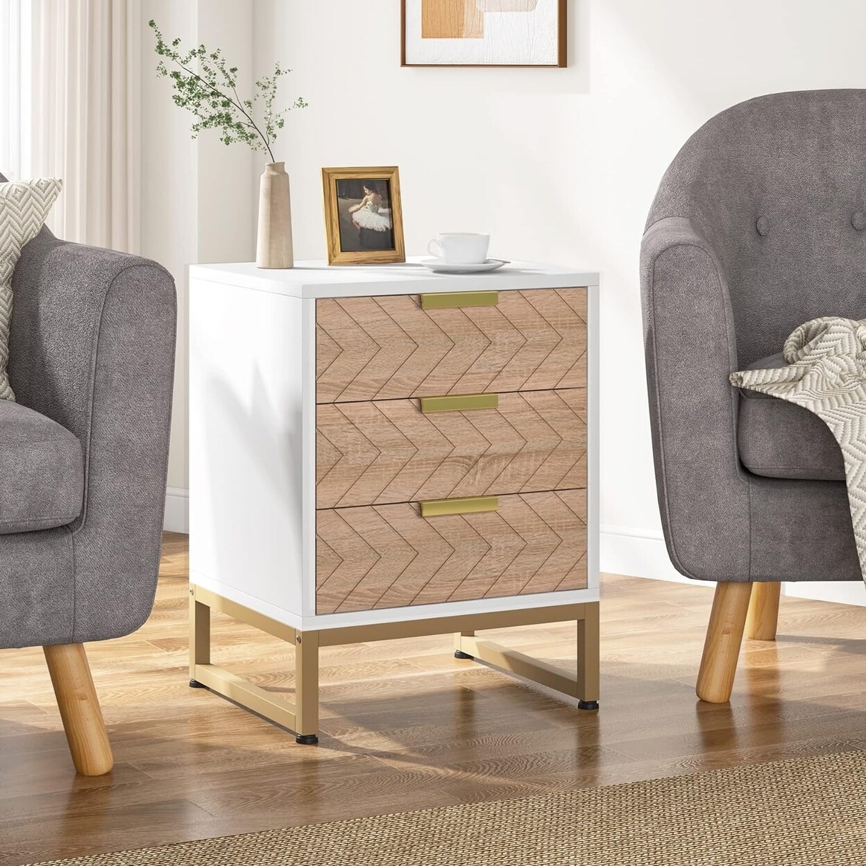 Tribesigns 3 Drawer Nightstand Modern Bedside Table White Gold Metal Frame