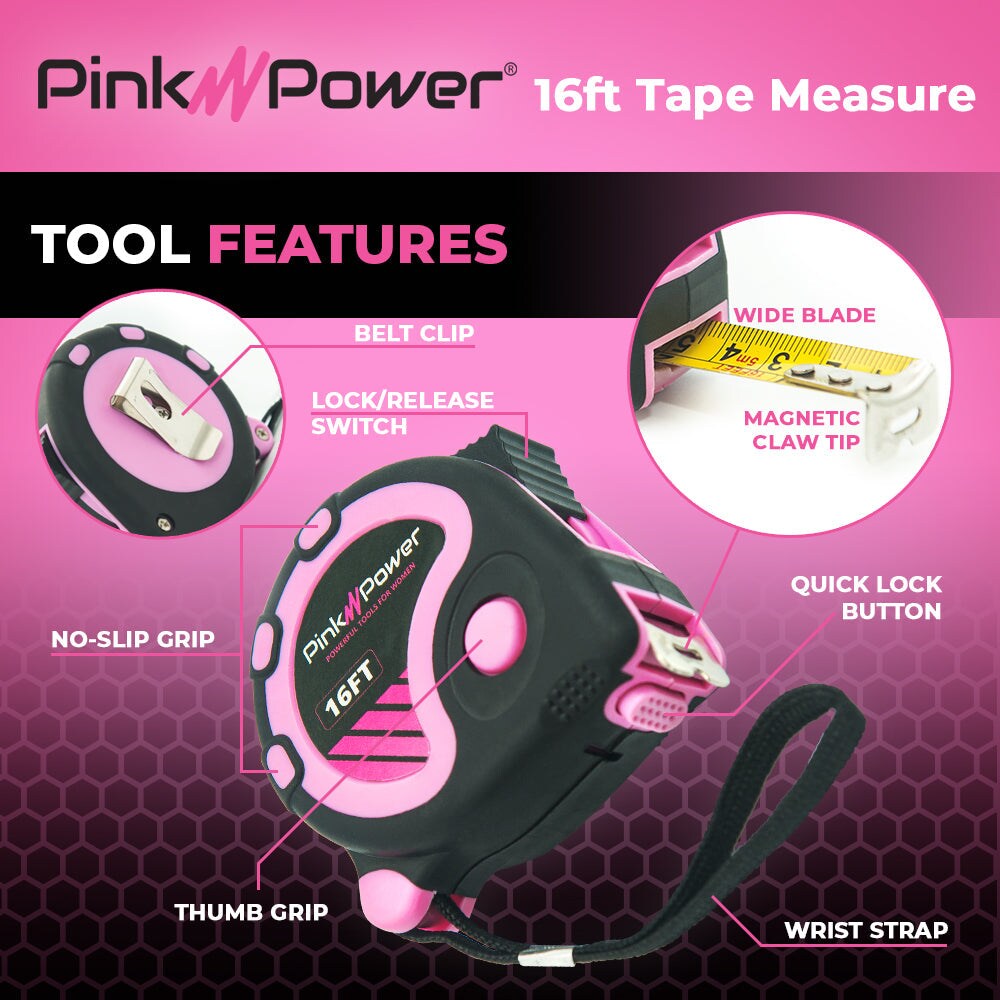 Pink Power 16ft. Pink Retractable Tape Measure