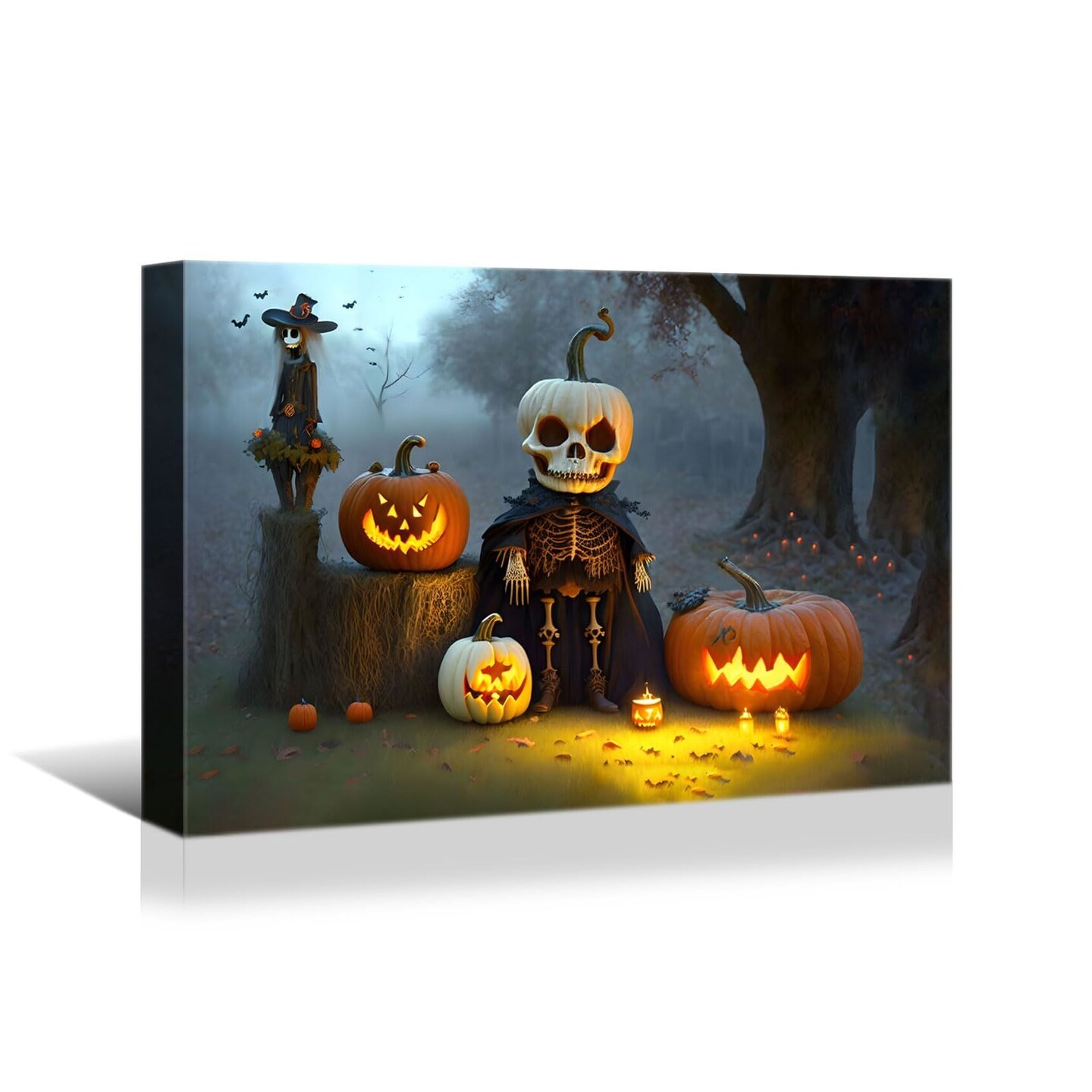 Skeleton with Jack-o&#x27;-lanterns Painting for Halloween - Ideal Gift and Decoration, Ready to Hang