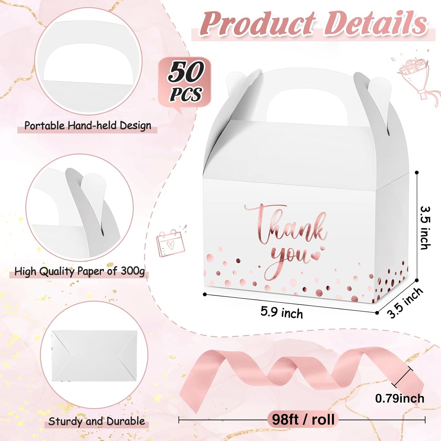 50-Pieces Rose Gold Thank You Gift Boxes with Ribbon Handles