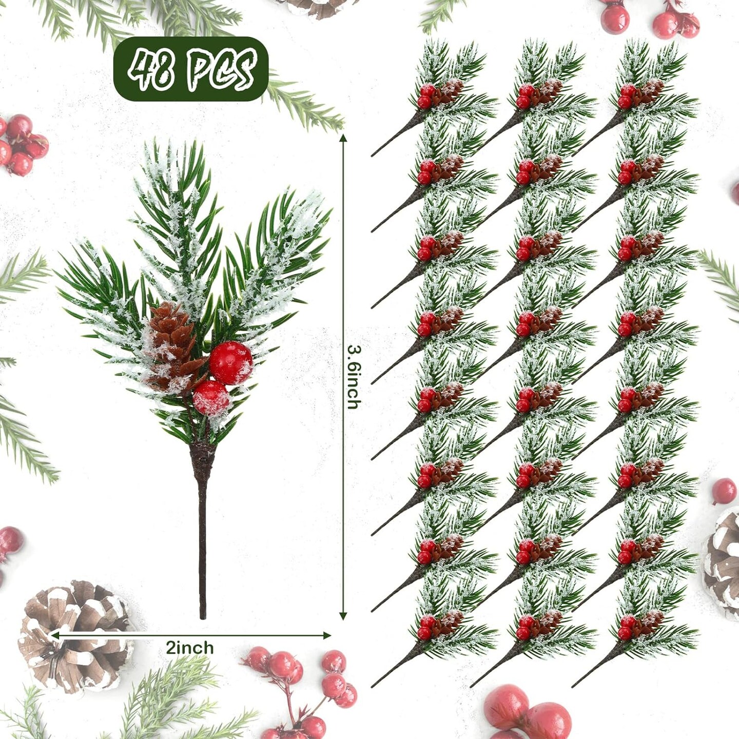 48 Pcs Red Berry Stems Pine Branches with Snow Artificial Christmas