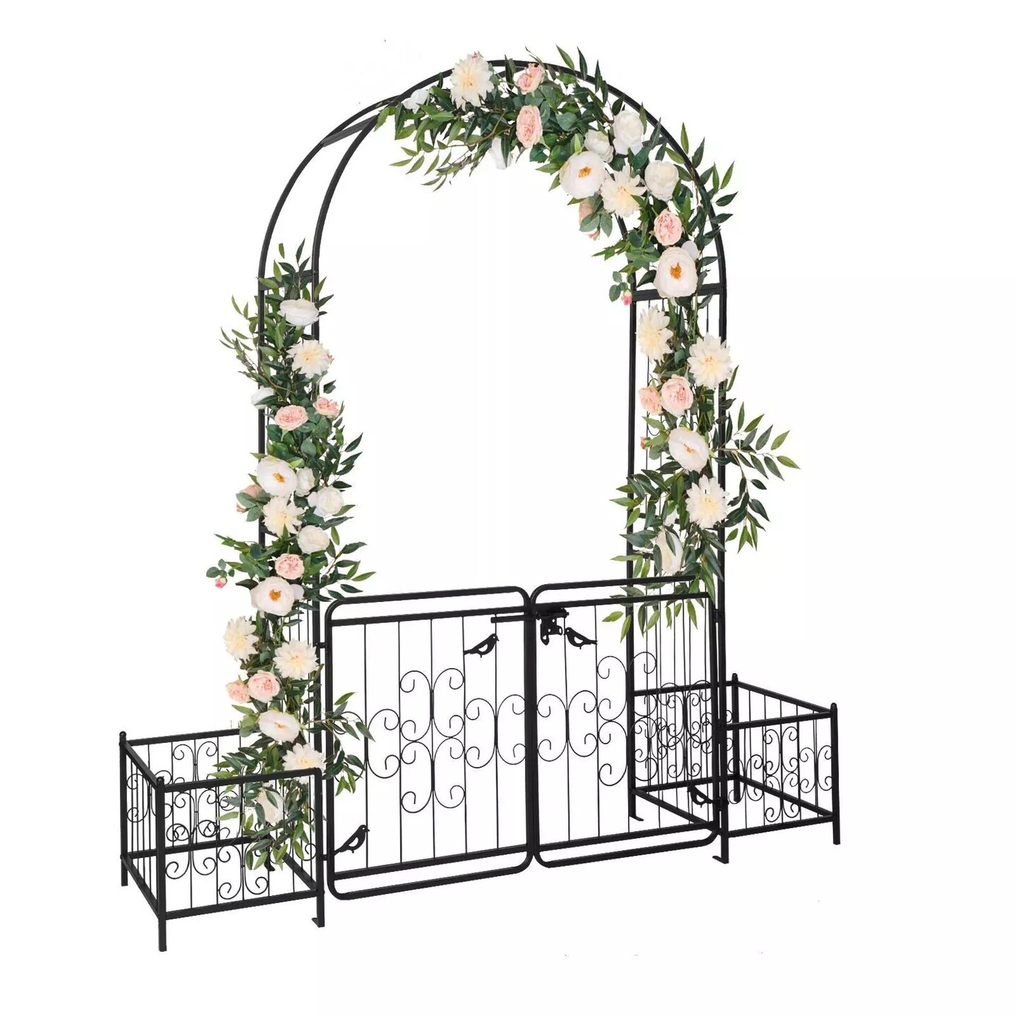 Metal Garden Arch with Planter Boxes Gate Wedding Arch Climbing Plants Black