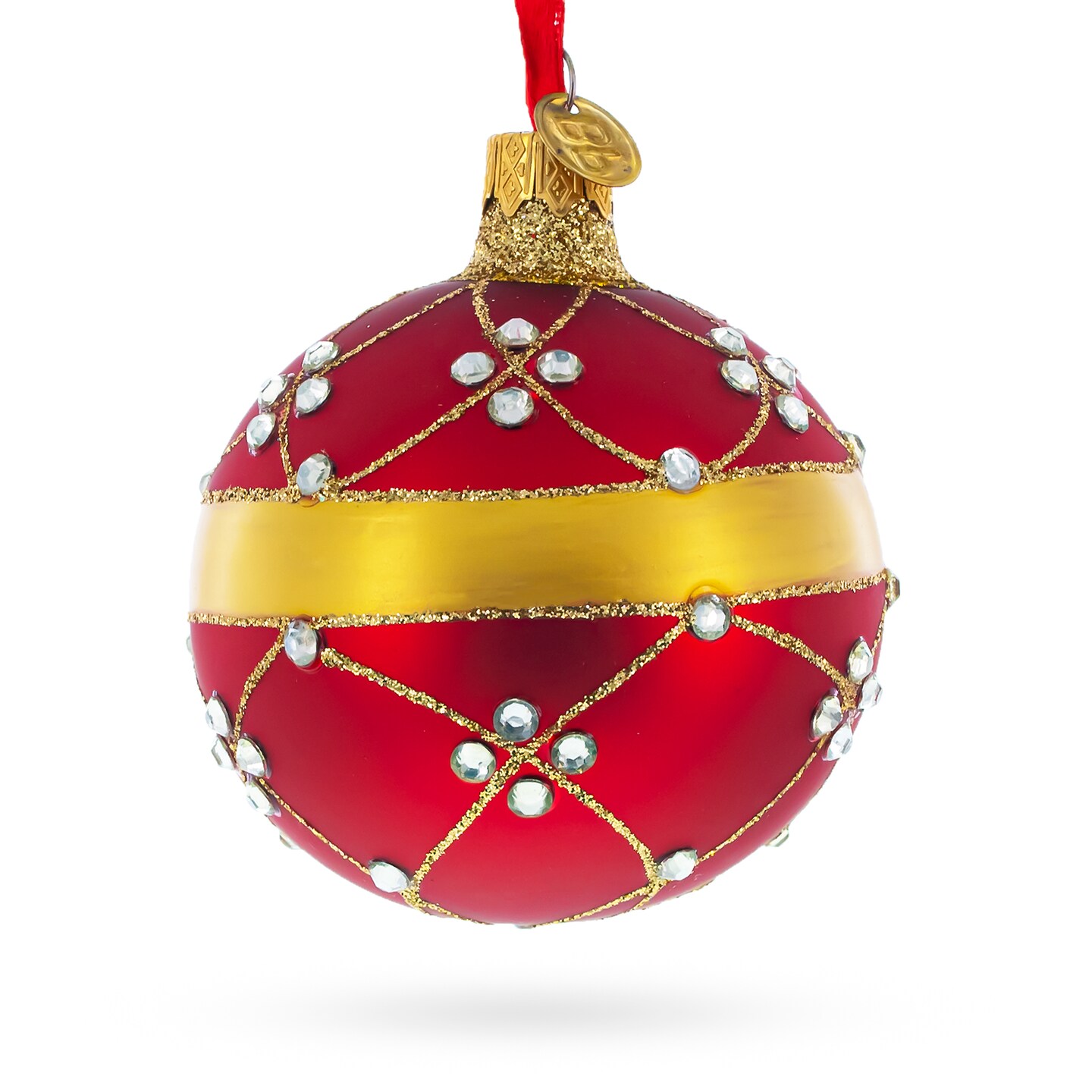 Diamond Trellis Pattern on Red Glass Ball Christmas Ornament 3.25 Inches